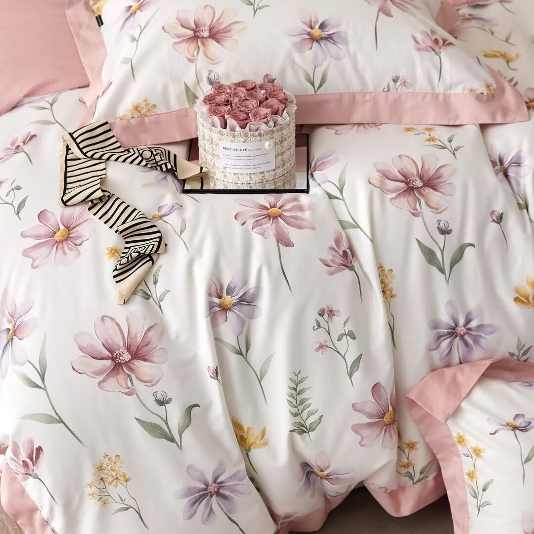 MKXI Garden Floral Duvet Cover Pink Princess Bedding White Aesthetic Duvet Cover Rustic Flowers Print Full Size Charming Floral Comforter Cover Pink and White 100% Cotton image number 1