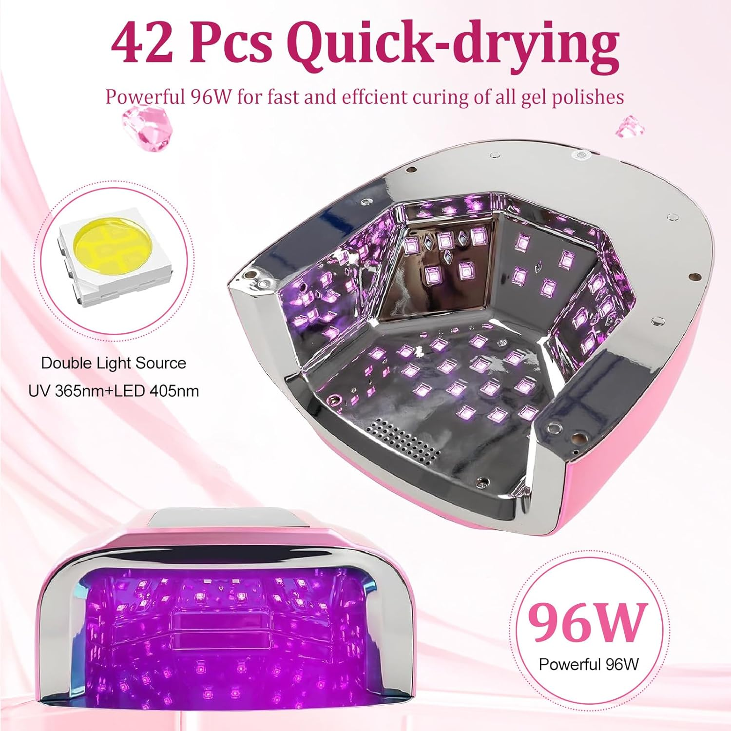 Bouzaak 96W Rechargeable Cordless UV LED Nail Lamp, Portable Nail Polish Curing Lamp with LCD Display Auto Sensor, 4 Timer Setting and Smart Sensor Nail Dryer (Pink) image number 5