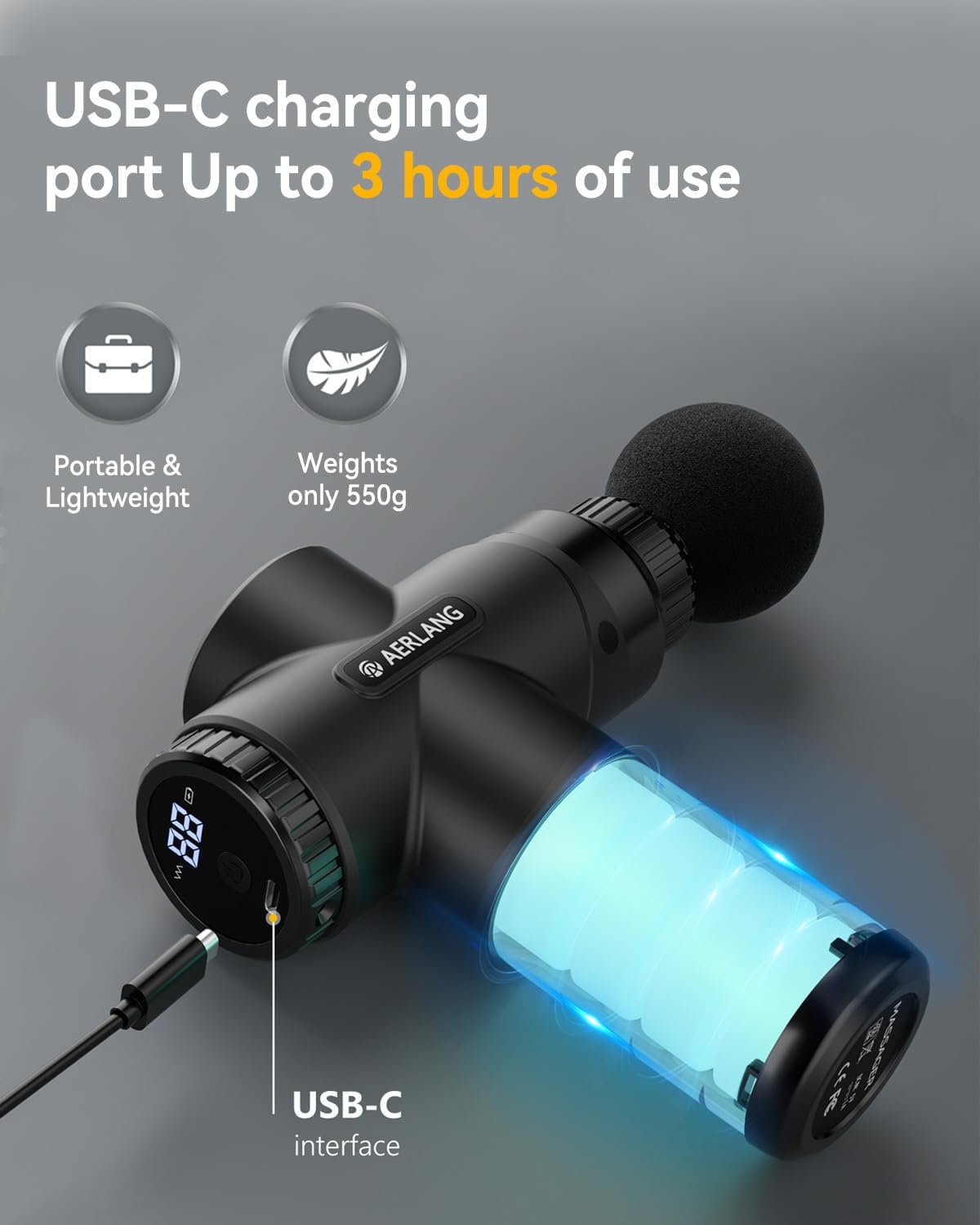 AERLANG Massage Gun, Massage Gun Deep Tissue, with 10 Speed Levels, Type-C Charging, Portable Handheld Muscle Massager, Home and Office Use, Ideal Gifts for Men image number 4