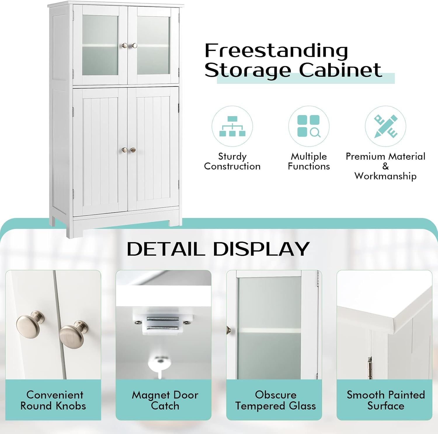 Giantex Bathroom Storage Cabinet, Kitchen Pantry Cabinet W/Tempered Glass Doors & Adjustable Shelf, Freestanding Wooden Floor Cabinet W/Anti-Toppling Device for Dining Room & Living Room (White) - Black image number 4