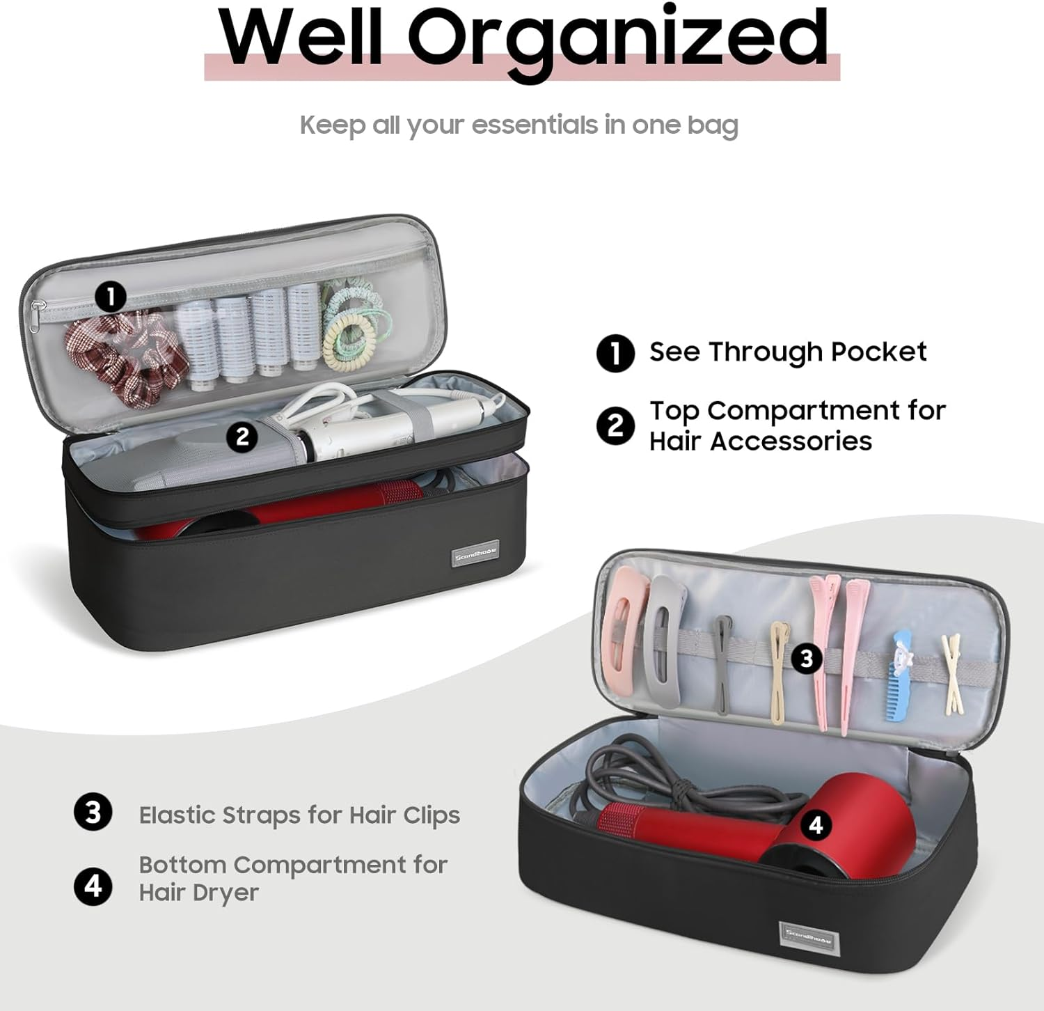 Double-Layer Travel Storage Bag Compatible with Dyson Hair Dryer and Attachments, Portable Carrying Case for Hair Dryer Brush/Volumizer/Styler/Hot Tools Scandihome Series, Black(Bag Only) image number 5