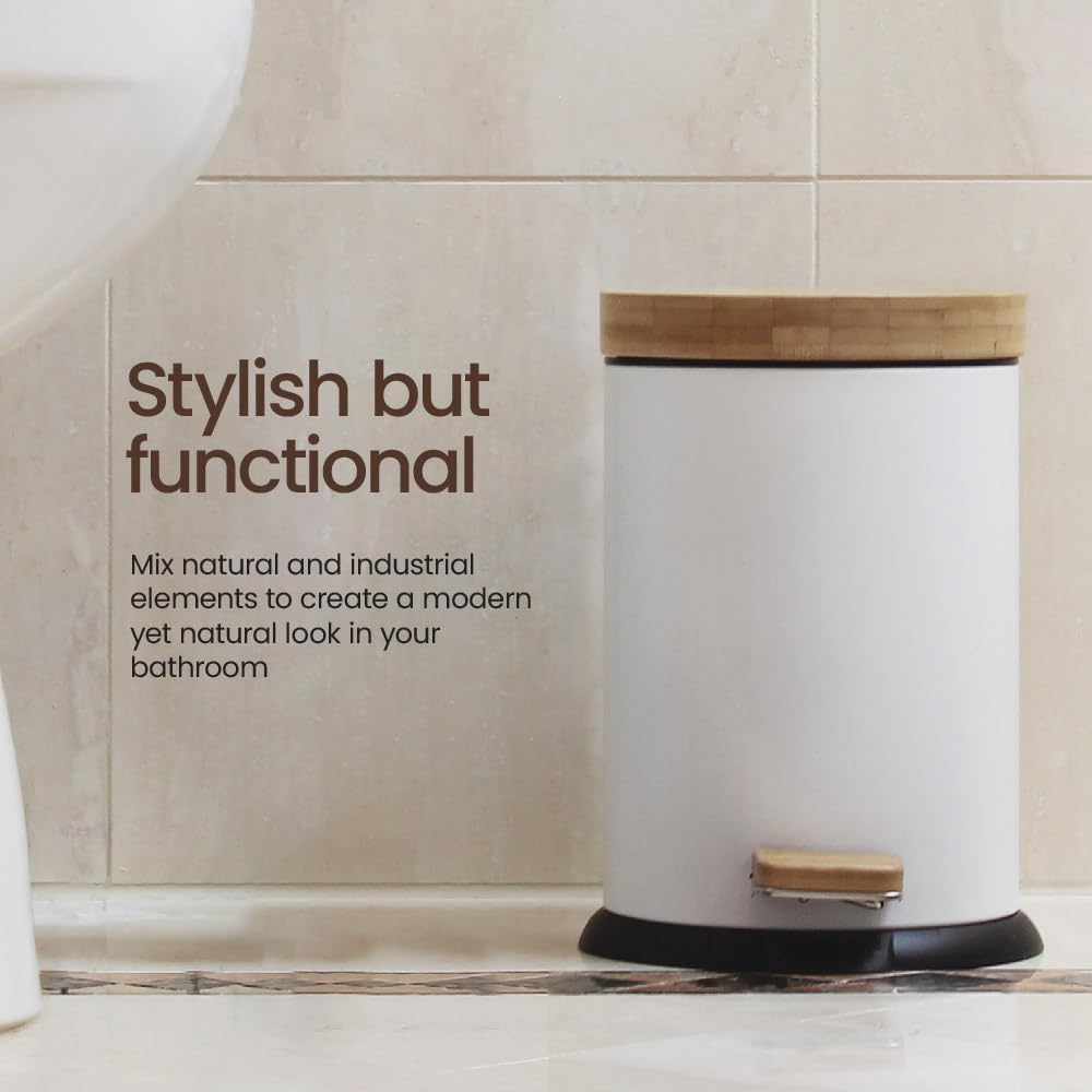 Eco Basics Rubbish Bin, White, 5 L &ndash; 100% Recycled Plastic, Bamboo & Powder-Coated Chrome, Rust-Resistant, Non-Skid Base, Soft-Close Mechanism, Compact for Bathrooms & Toilets, 28.5 X 21.5 Cm image number 2