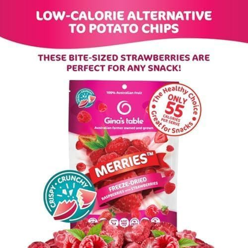Gina&rsquo;S Table Merries &ndash; Freeze Dried Raspberries & Strawberries &ndash; Healthy Fruit Snack for Everyone, 100% Australian Farm Fruit, No Added Sugar, Rich in Antioxidants & Fibre, Low Calorie, Vegan &ndash; 10 X 18G Value Pack
