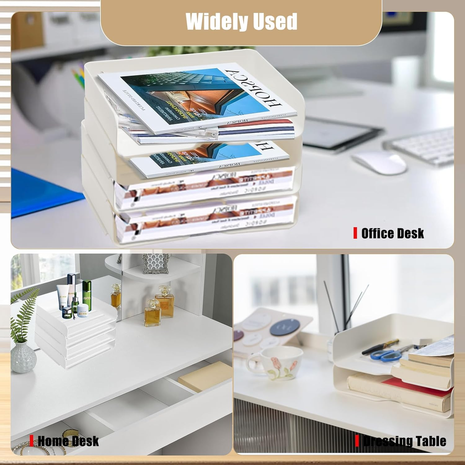 4 Tier Desk Organizer, Stackable Paper Tray Organizer for Document, Letter, A4 File Paper, Desk Accessories, Notes, Pens (White, 4 Pack) image number 1