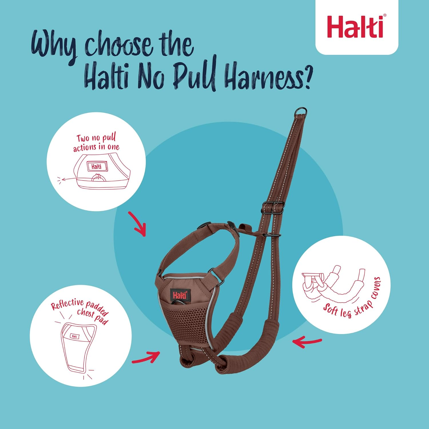 HALTI No Pull Anti-Pull Harness - Prevents Your Dog from Pulling on the Lead, Padded Chest and Leg Strap, Reflective Strap Material, Easy Adjustment and Use (Size M, Walnut Brown) image number 3