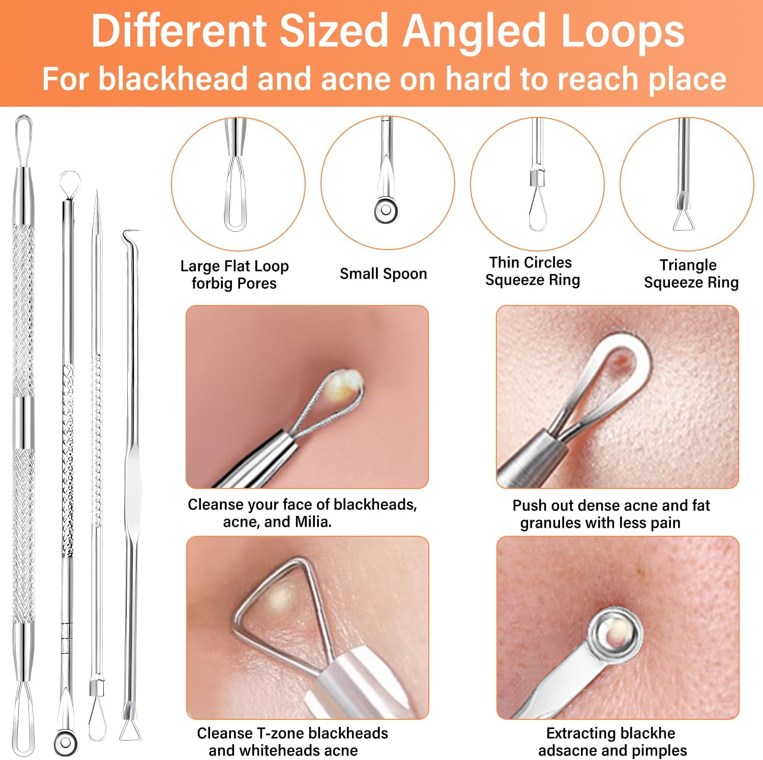 14 PCS Blackhead Remover Comedone Extractor Acne Removals Kits, Pimple Popping Kit, Professional Stainless Steel Pimple Popper Tool Kit, Blackhead Remover Tool on Face with Metal Case image number 6