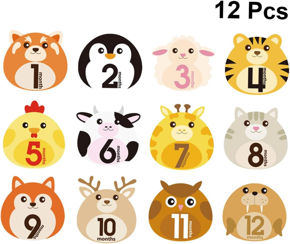 12 Sheets Monthly Stickers Animal Design Milestone Self-Adhesive Decals for Newborns Reusable Photo Props for First Year Memory Album image number 4