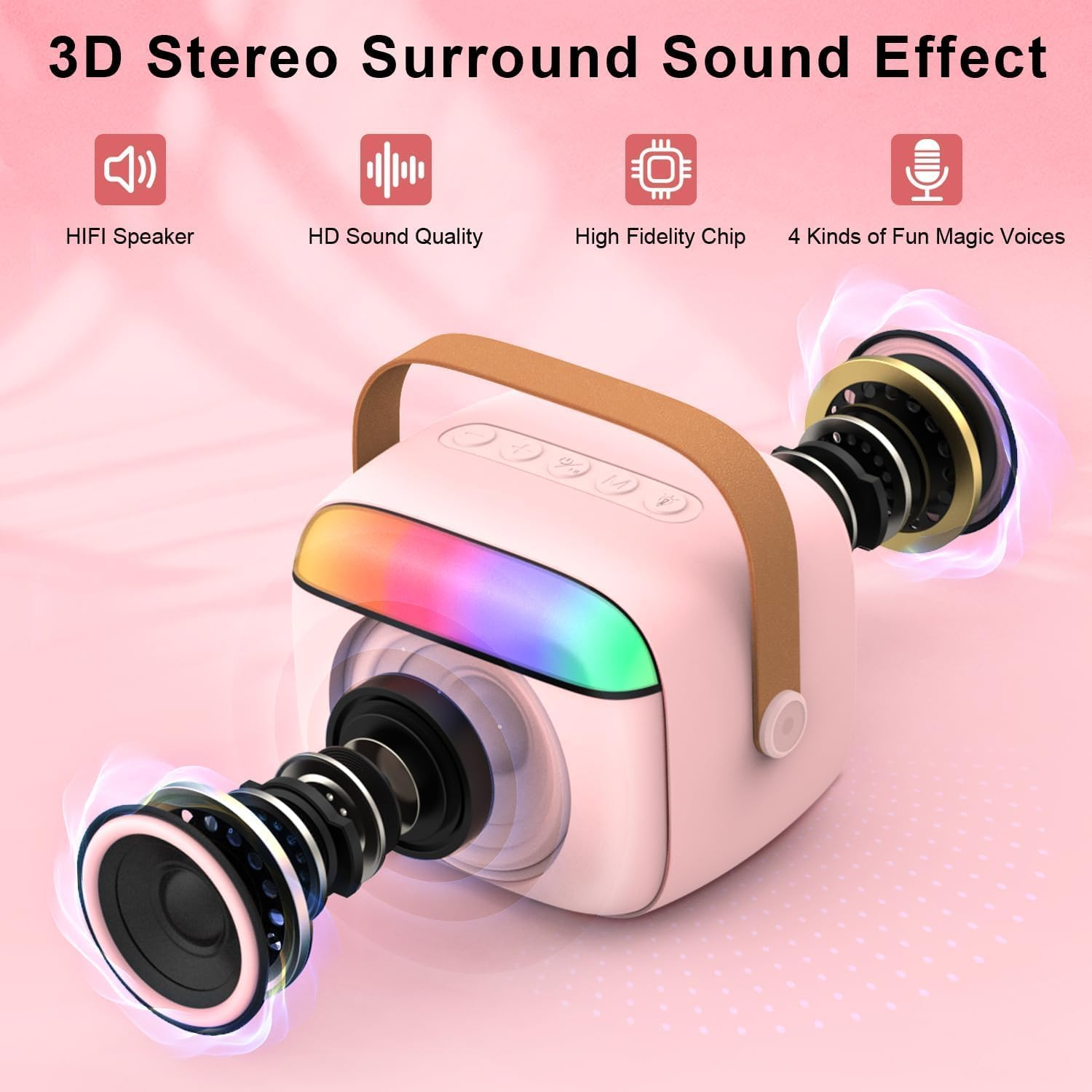 Karaoke Machine for Kids Adults, Mini Portable Bluetooth Speaker with 2 Wireless Microphone, Kids Toys Birthday Gifts for Girls Ages 4-12 +Year Old Family Home Party (Pink) image number 5