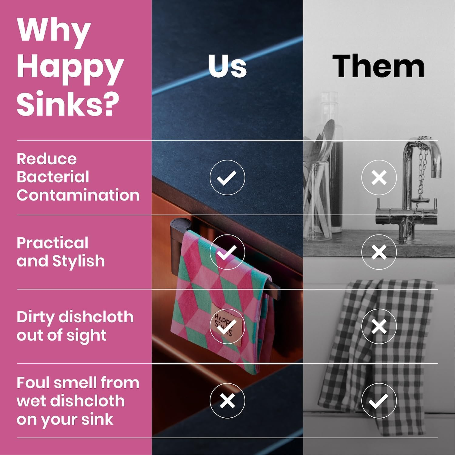 HAPPY SINKS Magnetic Dish Cloth Holder for Kitchen Sink - Works on Steel, Metal Sinks - Dish Rag Hanger with Strong Magnetic Backing Durable and Sustainable Kitchen Solution (Composite) image number 4