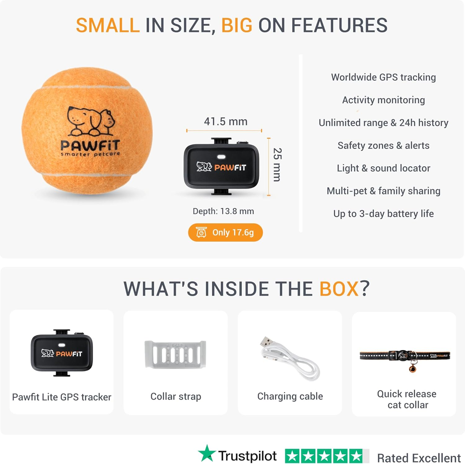 Pawfit Lite for Cats 4G GPS Tracker | Real Time Tracking | Activity Monitoring |Location History | Unlimited Range | Safety Collar Included | Onyx Black image number 1