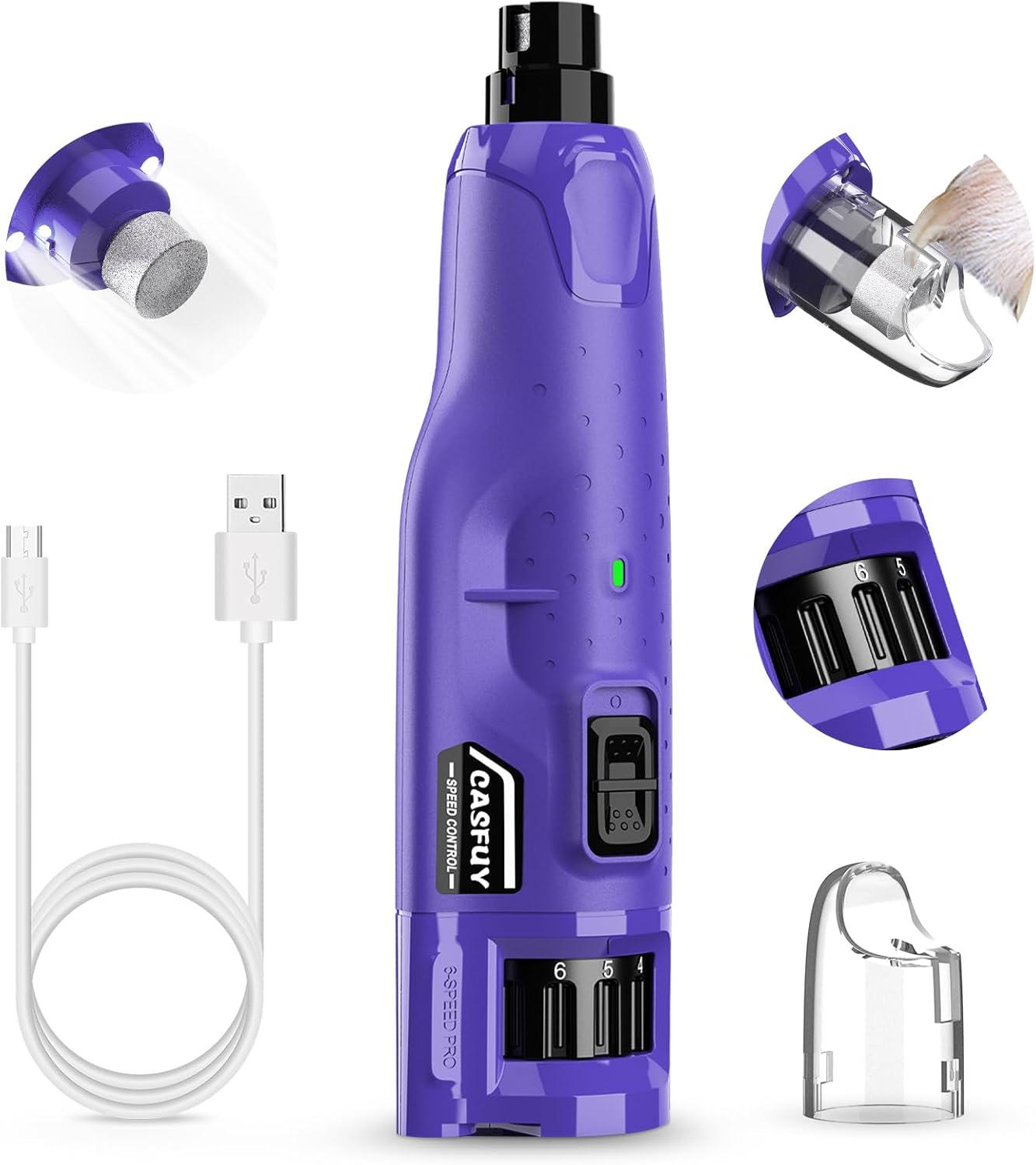 Casfuy Dog Claw Grinder - (45Db) 6 Speed Pet Claw Grinder with 2 LED Lights for Large, Medium and Small Dogs and Cats, Electric Dog Claw Cutter with Dust Cap