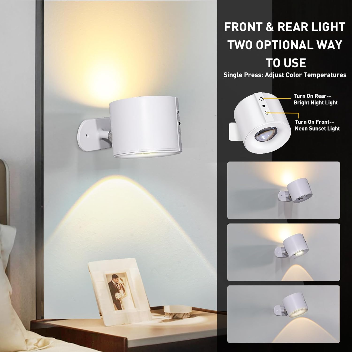 Roshin 2 Pack LED Wall Lights with USB Port - Battery Operated Wall Lights with 3 Color Temperatures & 3 Brightness - 360&deg; Illumination Night Light for Bedroom