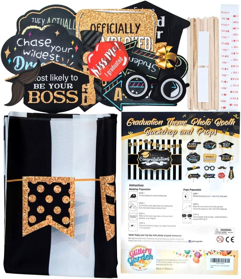 2026 Graduation Party Backdrop - Classy Black, White and Gold Theme Photography Fabric Backdrop and Studio Props DIY Kit. Great as Photo Booth Background Party Supplies and Prom Banner Decorations image number 6