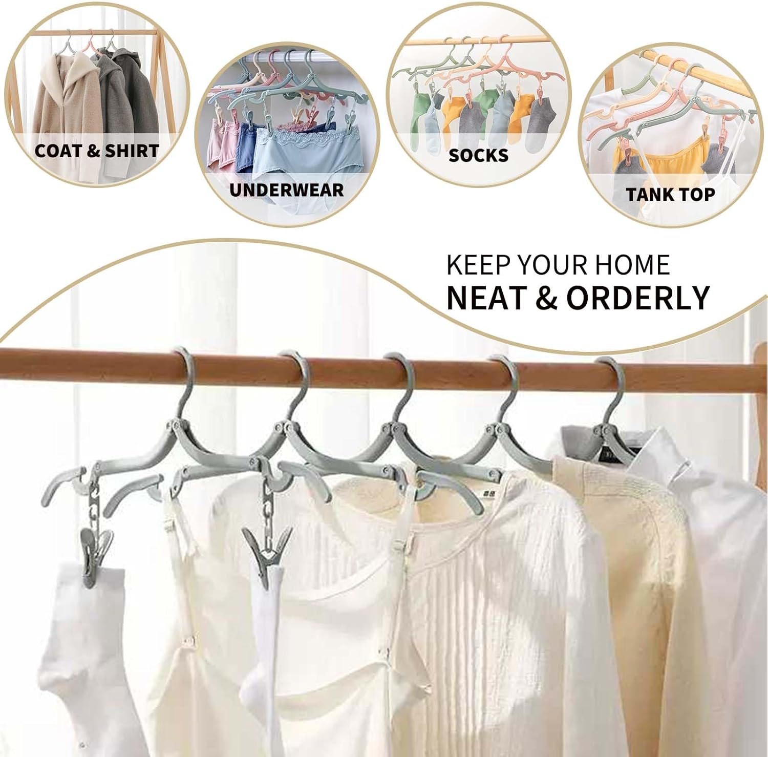 12PCS Foldable Travel Hangers with 24Pcs Clips Portable Folding Clothes Hangers Travel Accessories Foldable Clothes Drying Rack Dorm Hangers Space-Saving Collapsible Plastic Clothes Hangers image number 5