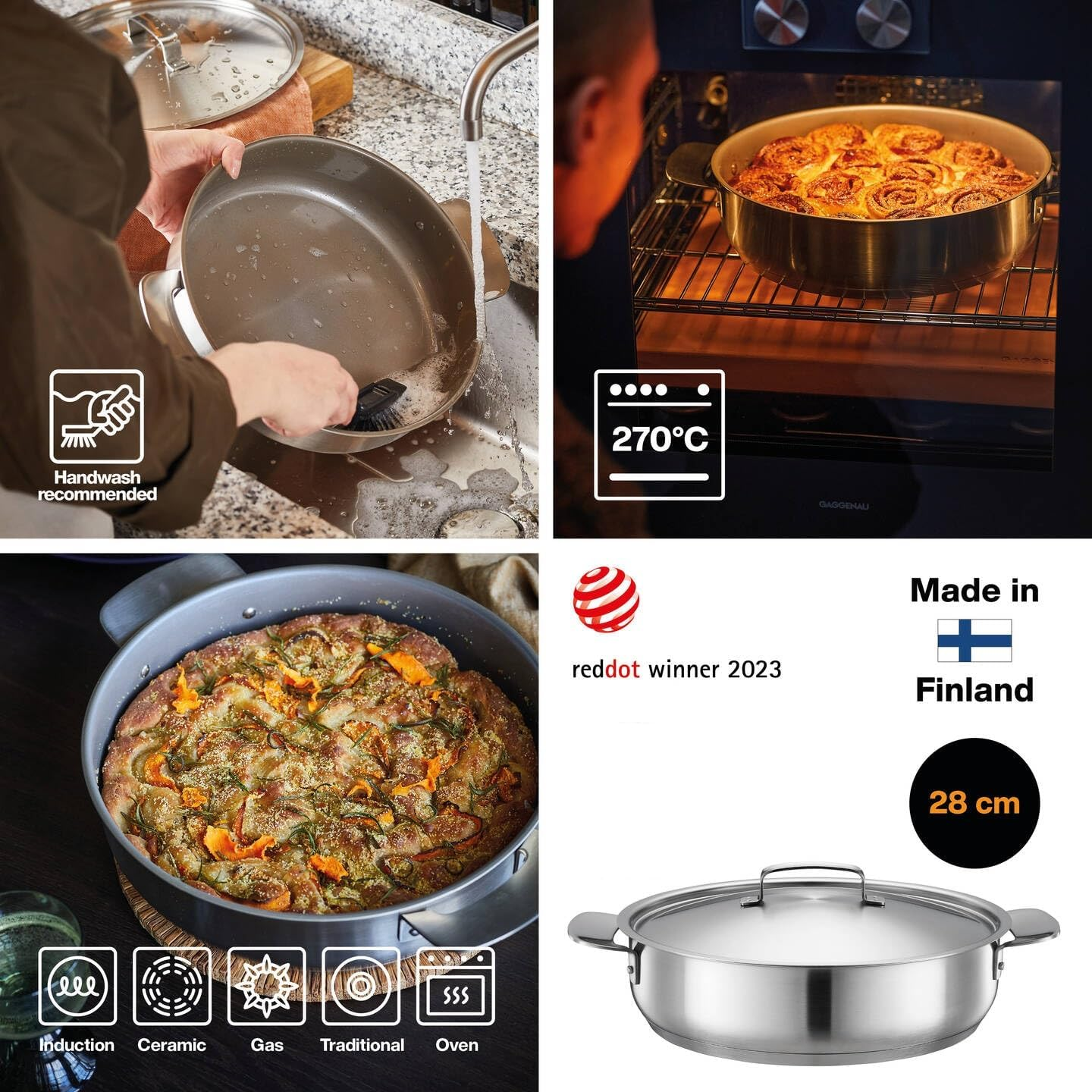 Fiskars Roasting Dish with Lid, Diameter 28 Cm, Coated, Suitable for All Hobs, Recycled Stainless Steel, All Steel, Silver, 1064749 image number 5