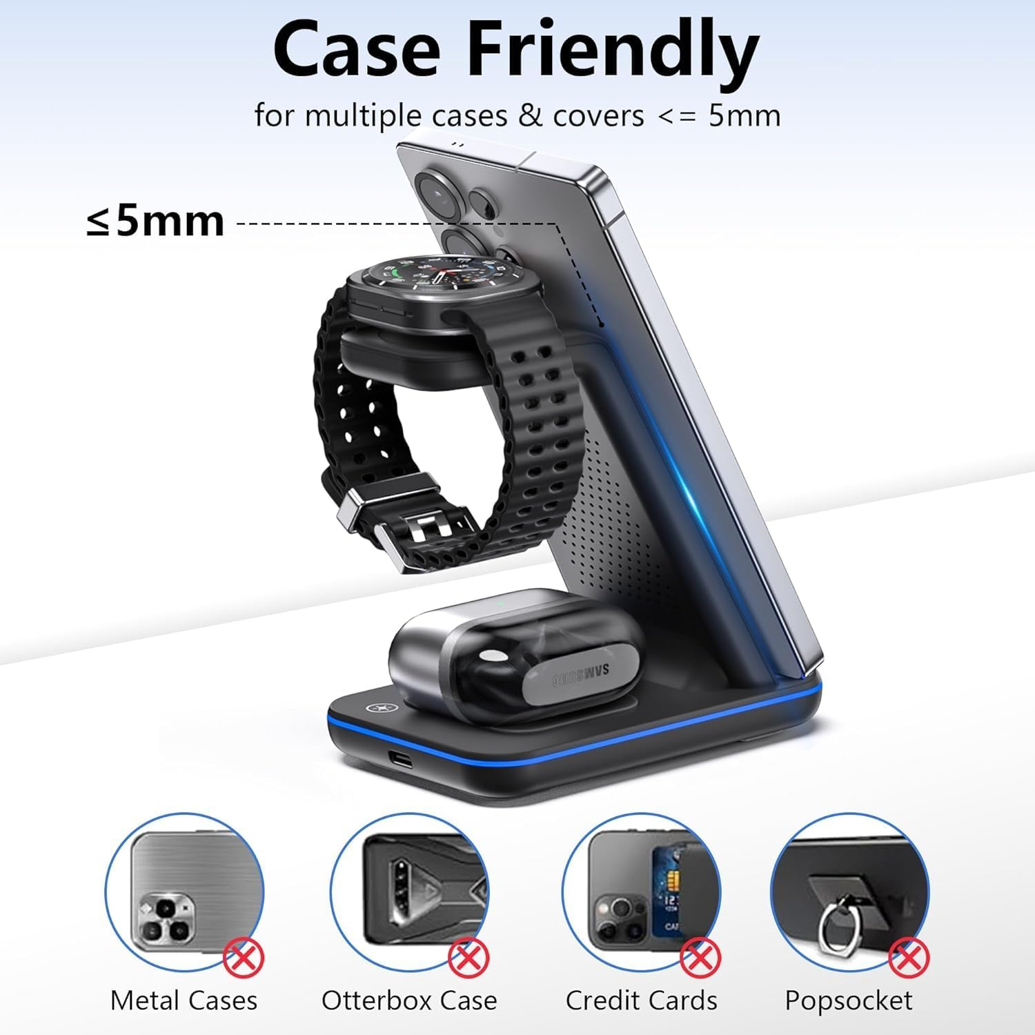 3-In-1 Wireless Charger for Samsung Cellphone and Watch, Cellphone Inductive Charging Station,Induction Charger for Samsung S25, Watch Ultra/7/6/5, Wireless Charger for Galaxy Buds(No Adapter) image number 4