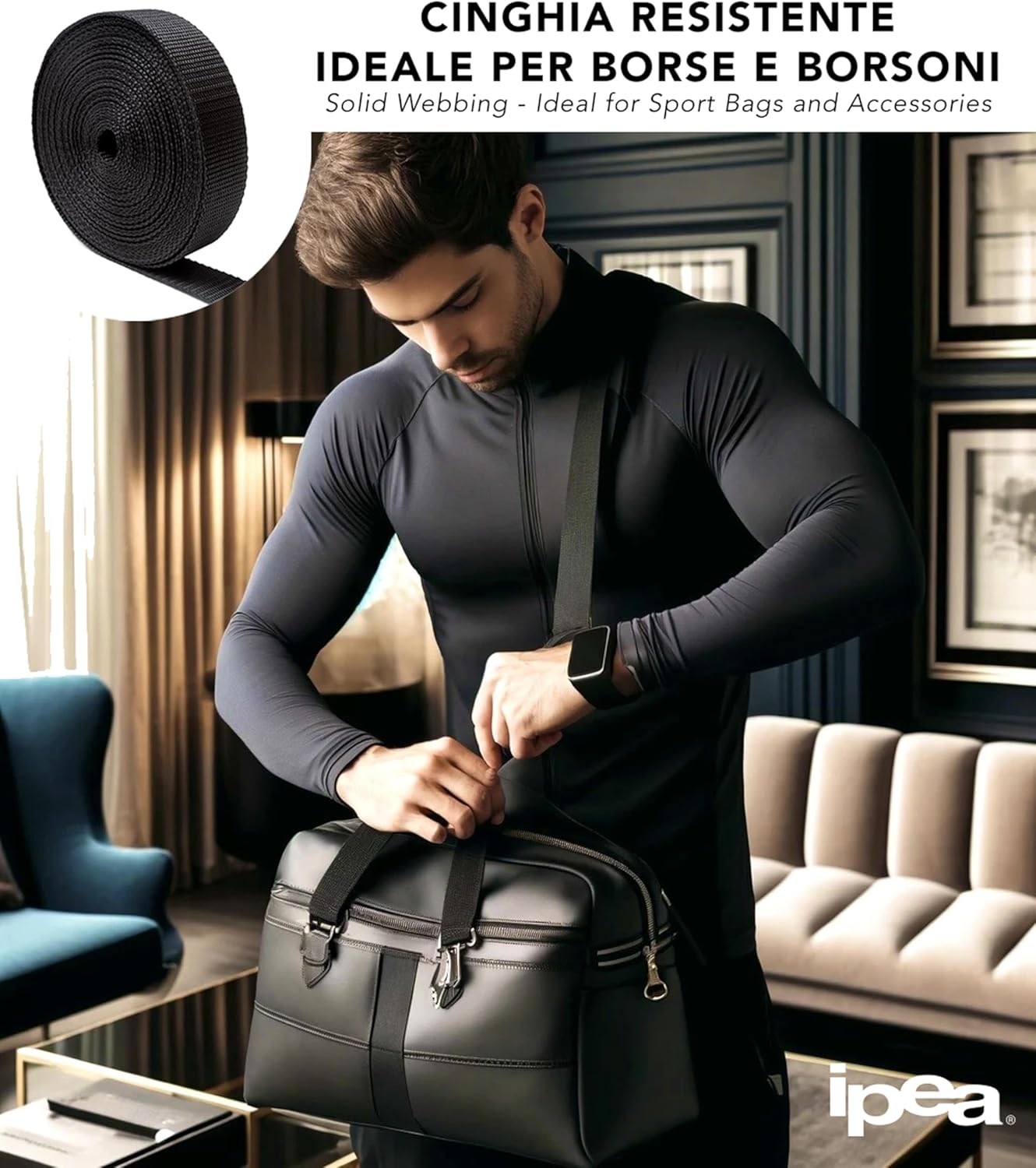 IPEA Rigid Nylon Strap for Backpack and Bags - 10 Meters Length - Multipurpose Rope for Sewing, Sports, Luggage, DIY - Sizes 20/25 / 30/40 Mm - Black - 3 Cm