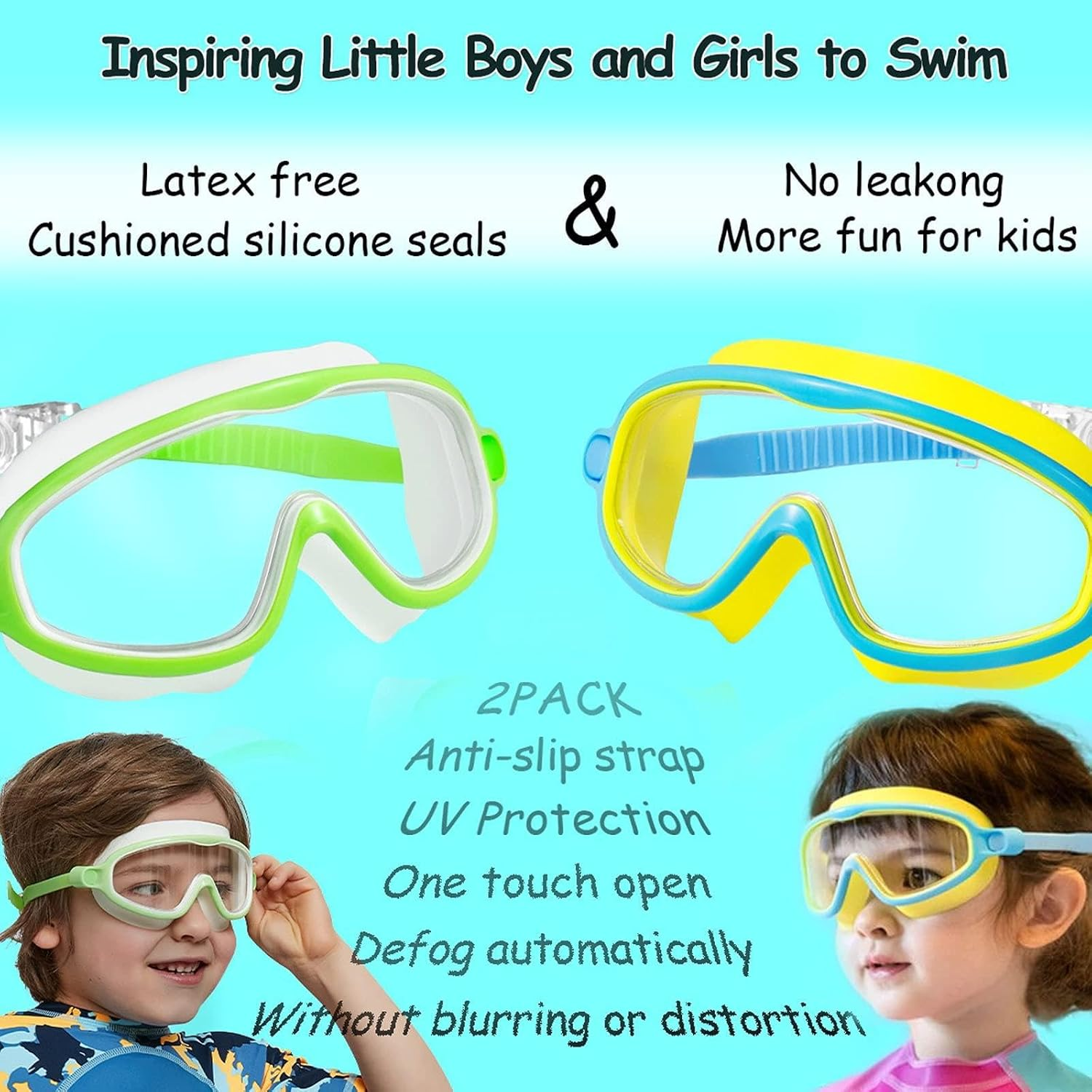 Swim Goggles 2 Pack Anti-Fog Anti-Uv Wide View Swimming Goggles for Kids 3-14 image number 1