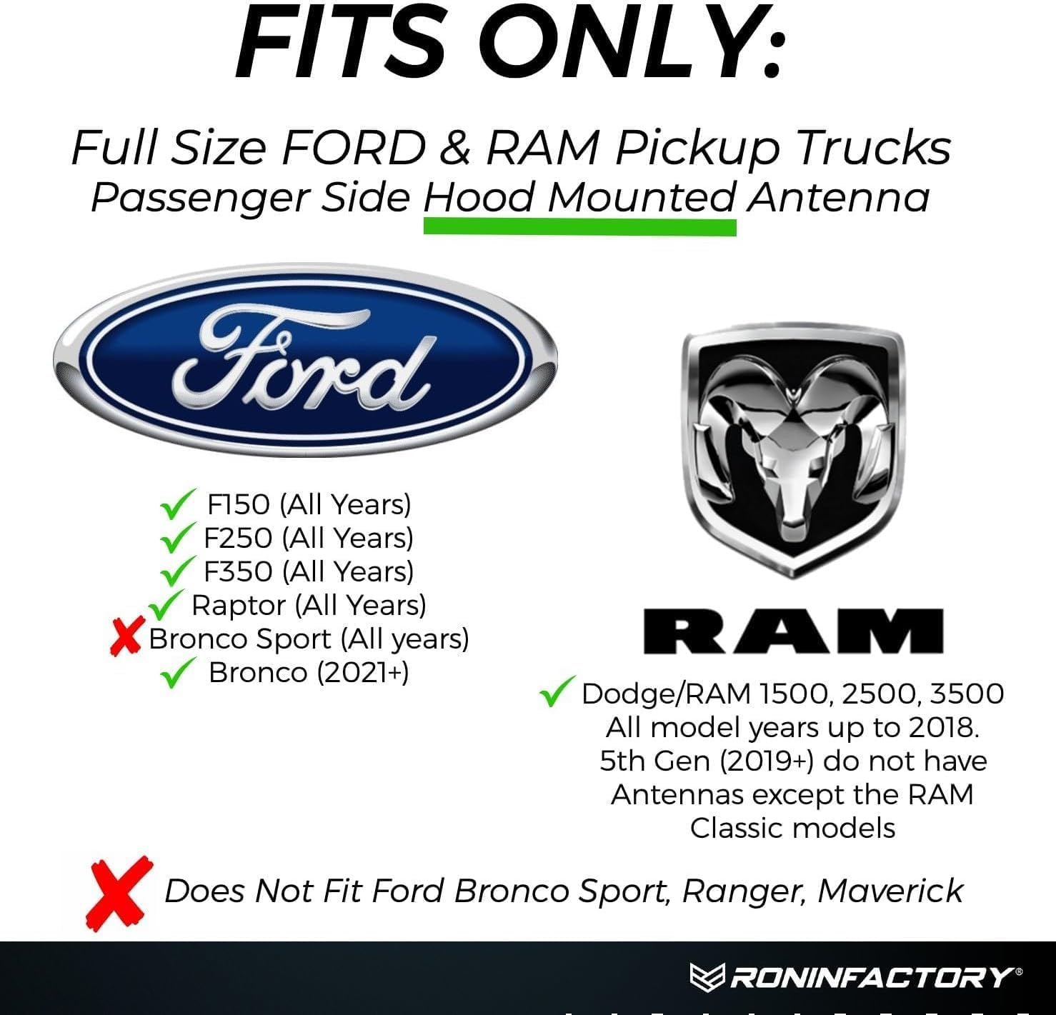 Ronin Factory Antenna for Ford F150 F250 F350 Ford Raptor Bronco Accessories Truck F-150 Accessories & Dodge RAM 1500 anti Theft Short Replacement Antenna (Smartlock) image number 1