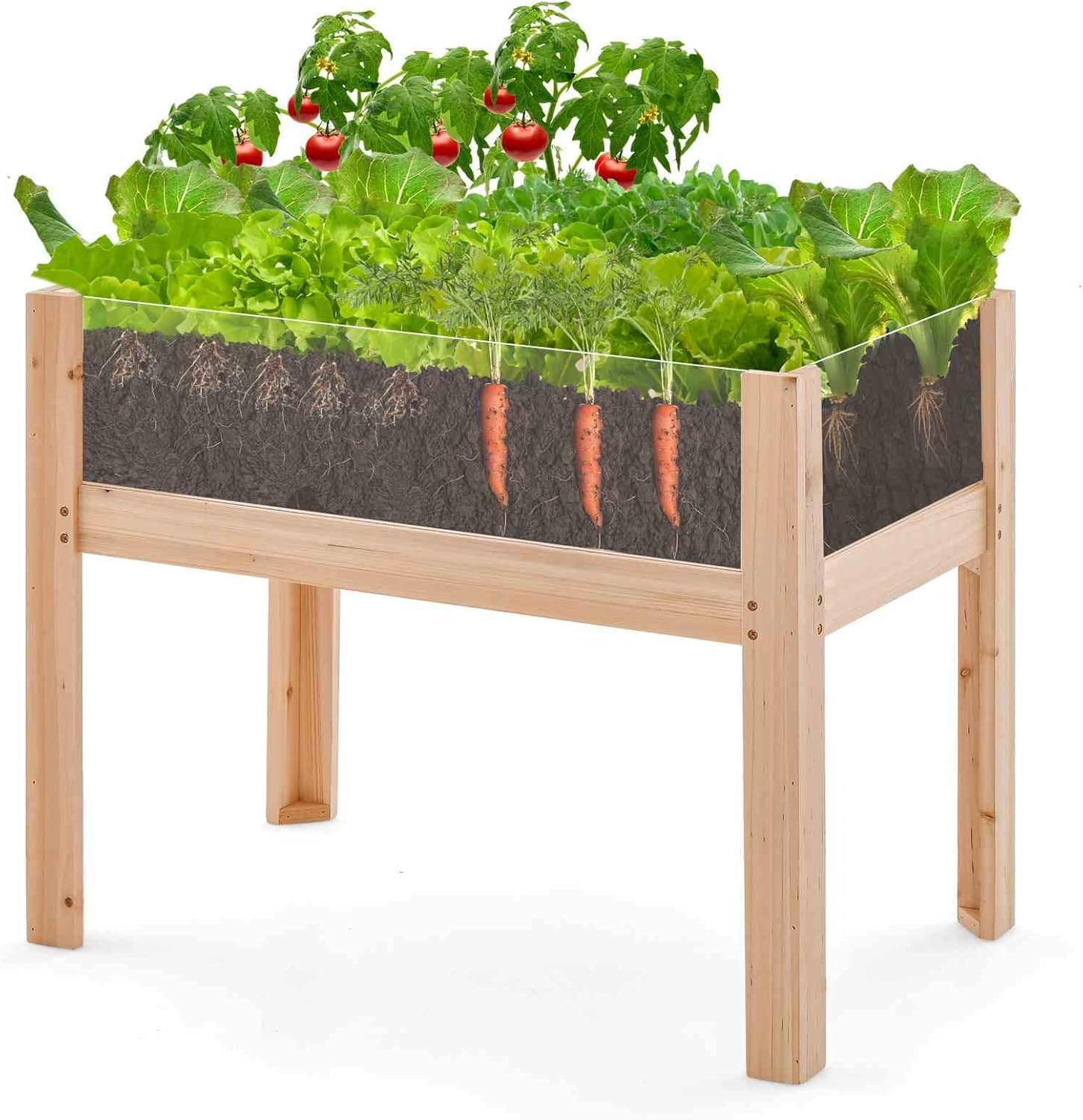 Costway Wooden Raised Garden Bed, 75Cm X 46Cm X 61Cm Elevated Wood Planter Box with Legs, Drainage Holes, Acrylic Panels, Garden Planter for Fruits Vegetables Flowers Herbs, Natural image number 2