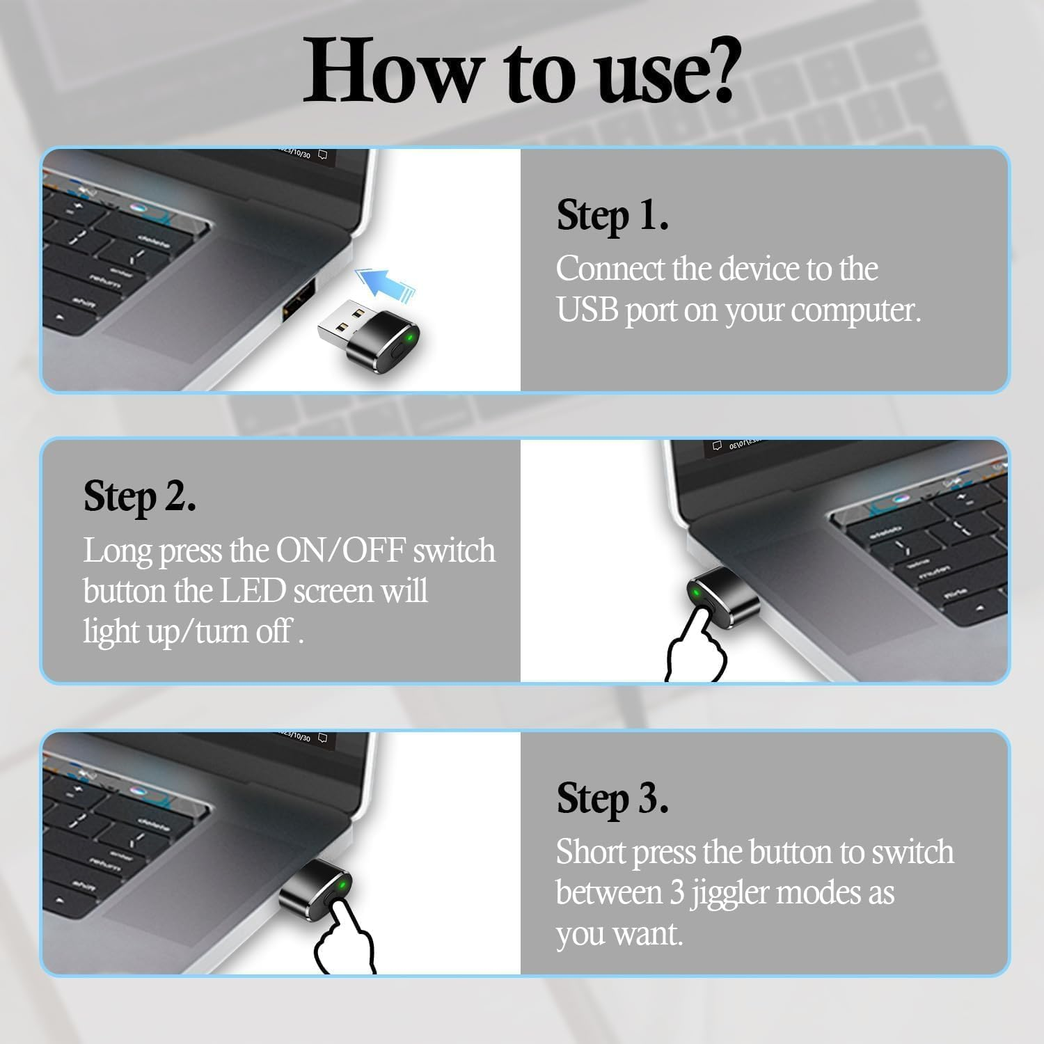 Undetectable Metal USB Mouse Jiggler with Switch Button, 3 Jiggle Modes, Automatic Shaker, Simulator, Driver-Free, Plug & Play, Keep Computer/Laptop Awake, Black image number 6