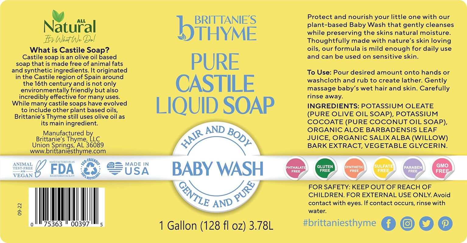 Brittanie'S Thyme Organic Pure Castile Baby Wash Refill, 1 Gallon | Made with Olive Oil and Natural Luxurious Essential Oils, Gentle and Pure, Non-Gmo, Phthalate Free image number 6