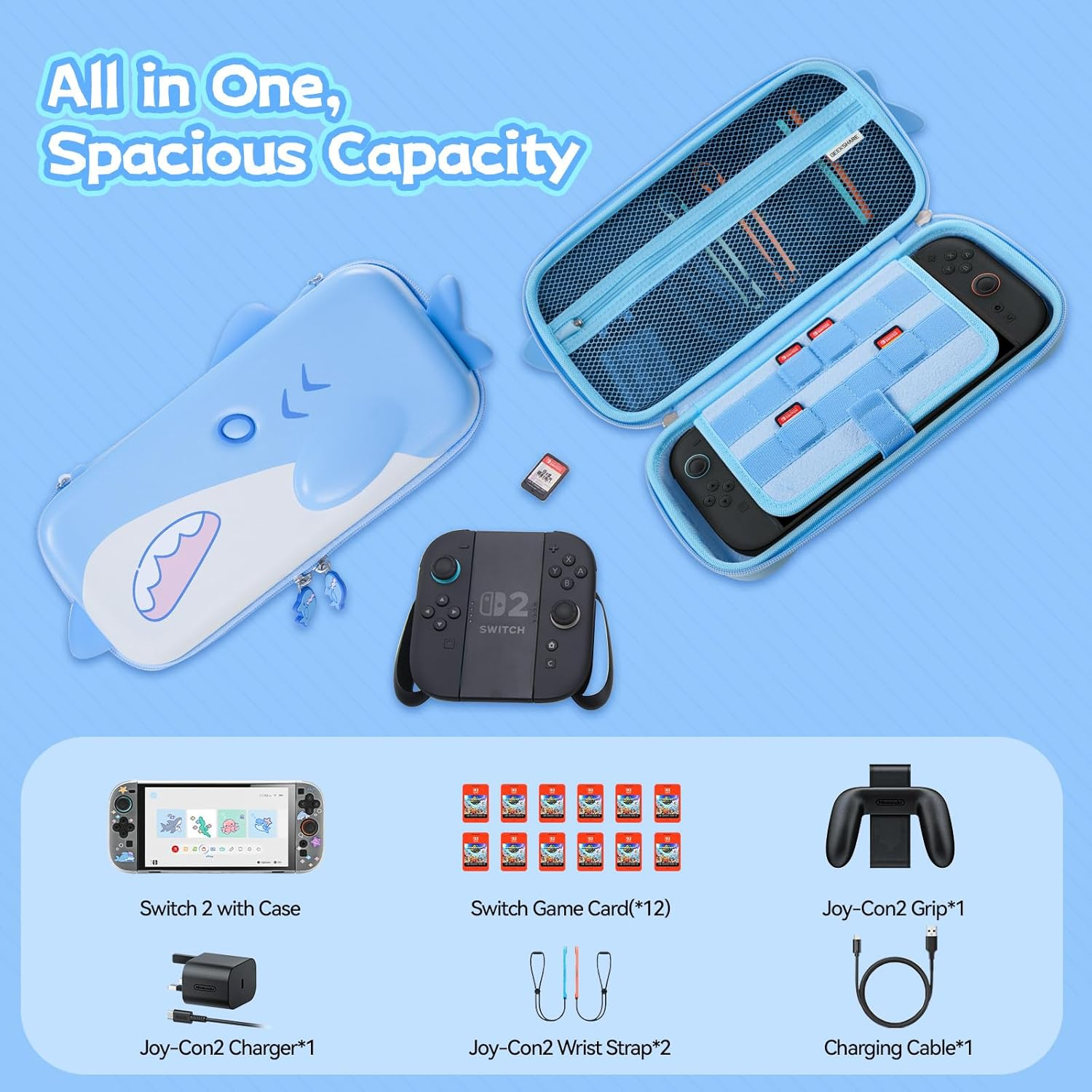 Geekshare Portable Carrying Case Compatible with Switch 2 (2025), Hard Storage Bag with 12 Game Card Slots, Cute Travel Case for Switch 2 Console and Accessories, Shark image number 1