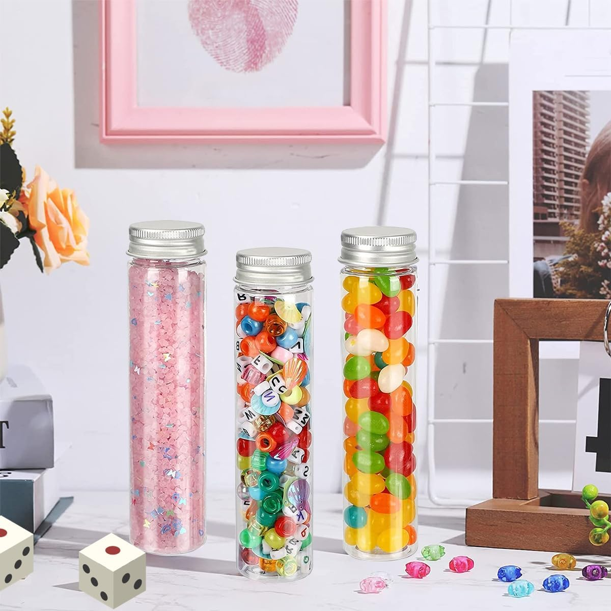 110Ml Clear Bath Salt Tube, 15PCS Plastic Test Tubes a Brush,Plastic Storage Tube with Screw Cap, Flat Bottom Clear Test Tubes for Candy Storage, Party Favors image number 1