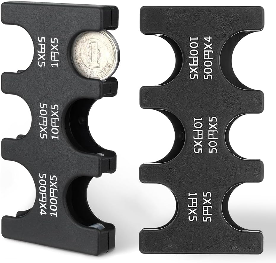 Japanese Yen Coin Holders Hard Case Organizer, Portable Coin Dispenser with 6 Slots Rectangle Plastic Coins Sorter Collection Wallet for Travel Car Coins Storage (Black +Transparent)