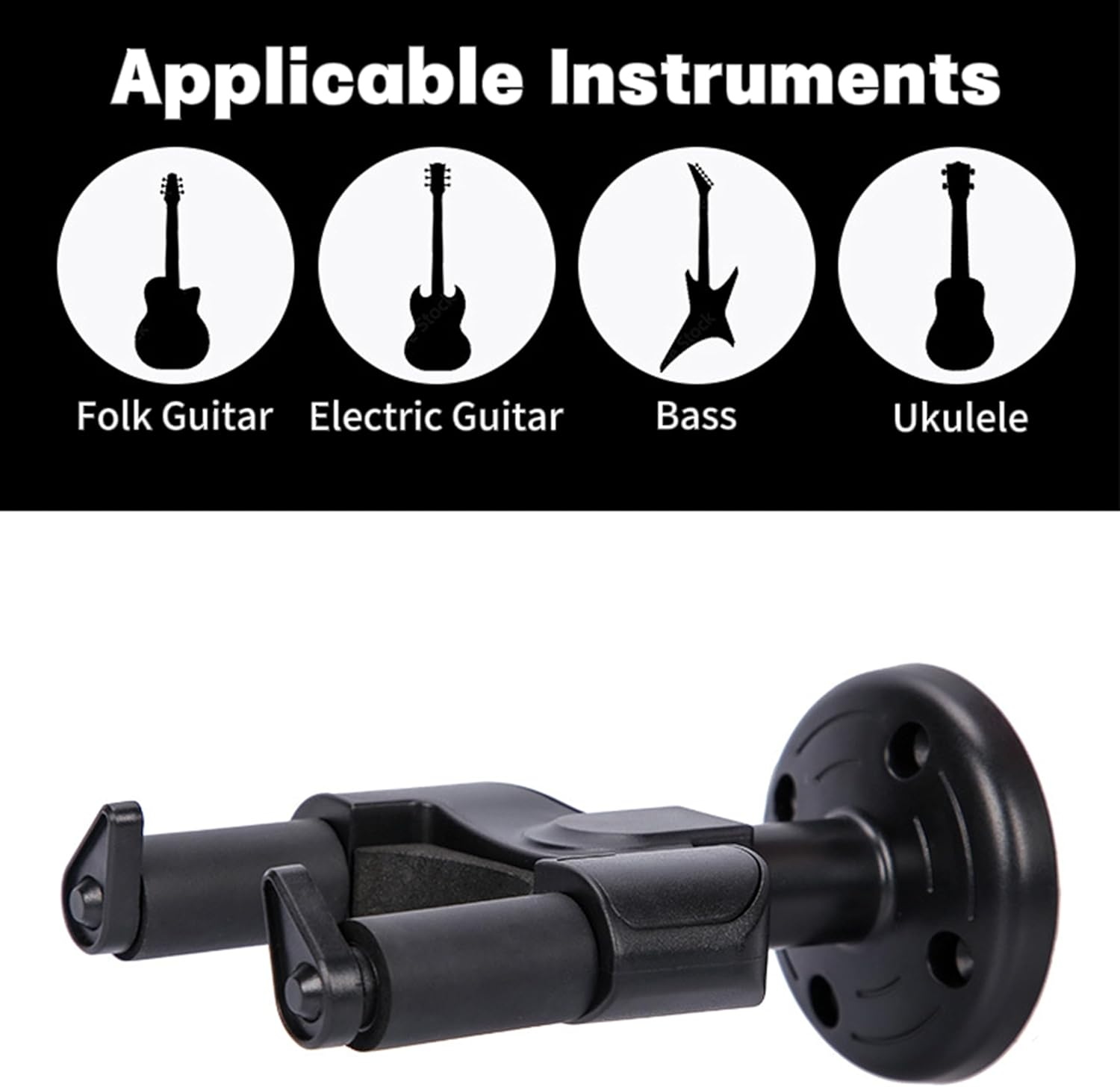 2 Pack Guitar Wall Stands, Universal Guitar Hanger, Auto Lock U-Shaped Guitar Wall Hanger, ABS Plastic, Black, Modern Style, 4 Hooks, Wall Mount, Concrete, Wood image number 2