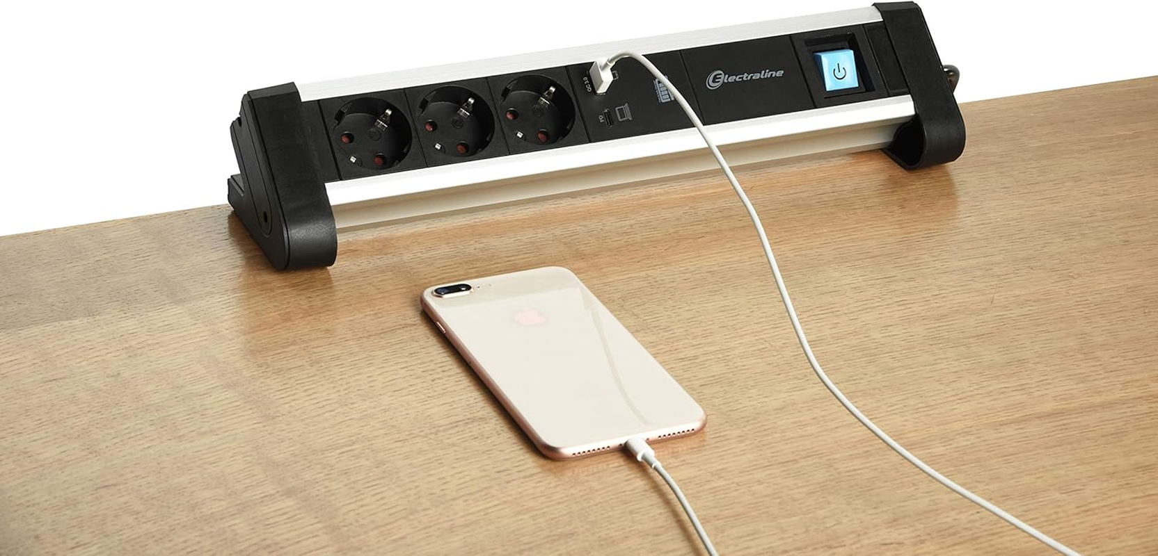 Electraline 62556 3-Way Aluminium Power Strip for Desk with 2 USB 65 W (1 Type C PD for Charging Computers + 1 USB 3A) Cable 2 M/Table Socket Power Strip/Multi-Purpose Desk image number 4