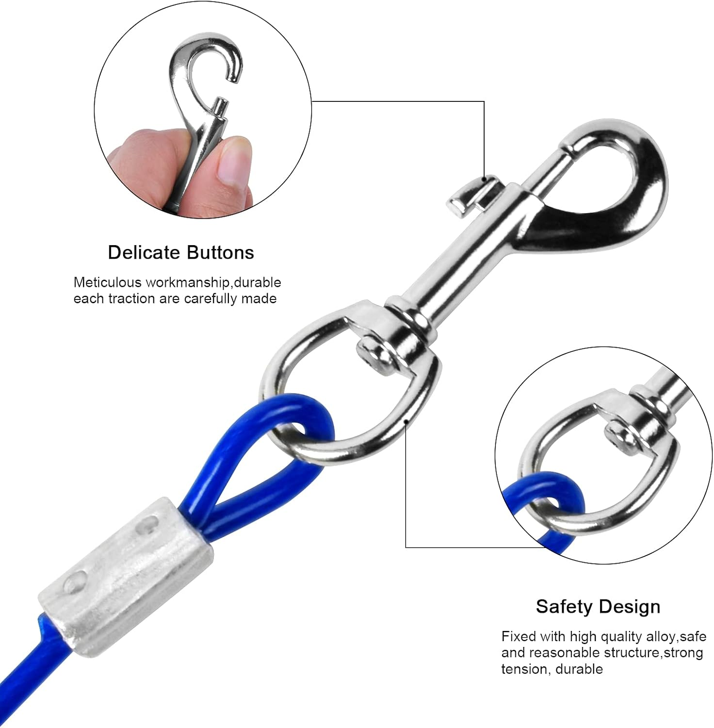 3M Puppy Pet Outdoor Tie Out Lead Leash, Heavy Duty Dog Tie Out Cable,Dog Tie Out Cable with 360&deg; Swivel Lockable Hook and PVC Coating,Galvanized Steel Wire Rope,For Small Medium Pet(Blue) image number 3