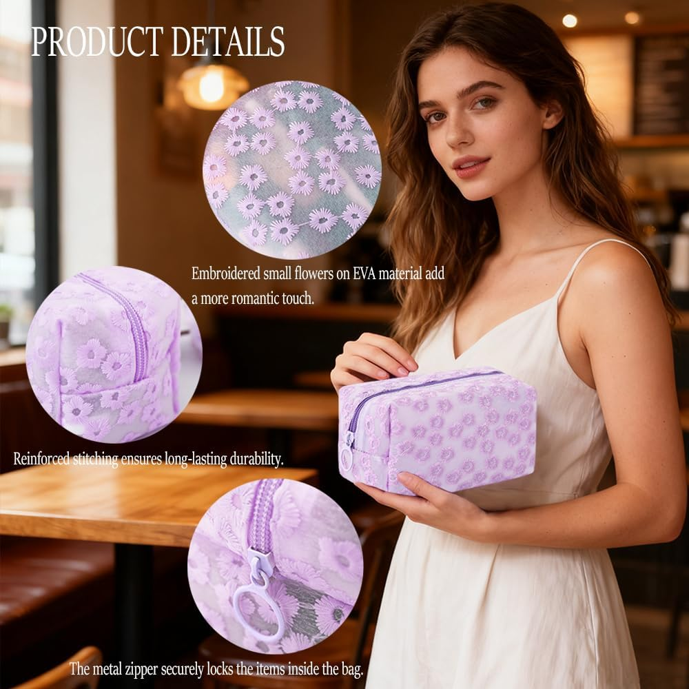 MSLSOZ Flower Embroidered Plastic Makeup Bag, Semi Transparent Makeup Bags with Design, Waterproof Small Makeup Bag for Handbag, Women'S Beauty Bag, for Daily Use, Travel or as a Gift (Purple).