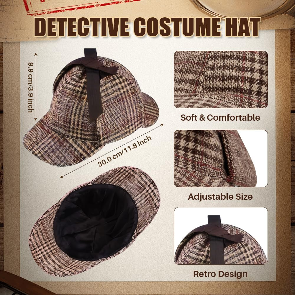 WOTOW Detective Costume Accessories Set - 6PCS Detective Costume Hat Detective Dress up Detective Prop Halloween Costume with Magnifying Glass Flat Glasses Bowtie Beards for Adults