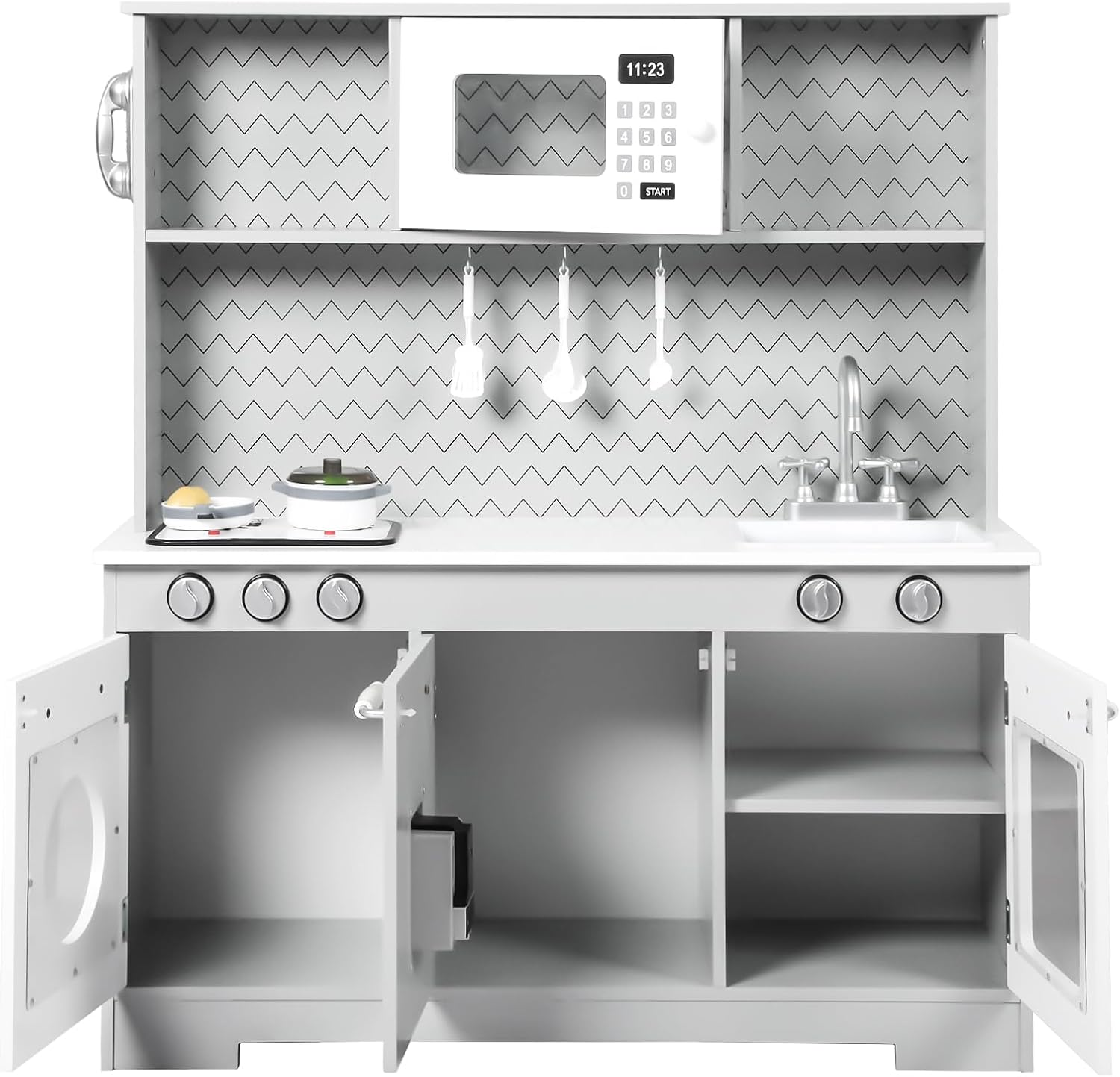 Bopeep Kids Kitchen Playset, Wooden Pretend Play Kitchen, Sink, Faucet, Stove, Microwave, Oven, Utensils, Sweet Accessories, Boys Girls, Grey image number 4