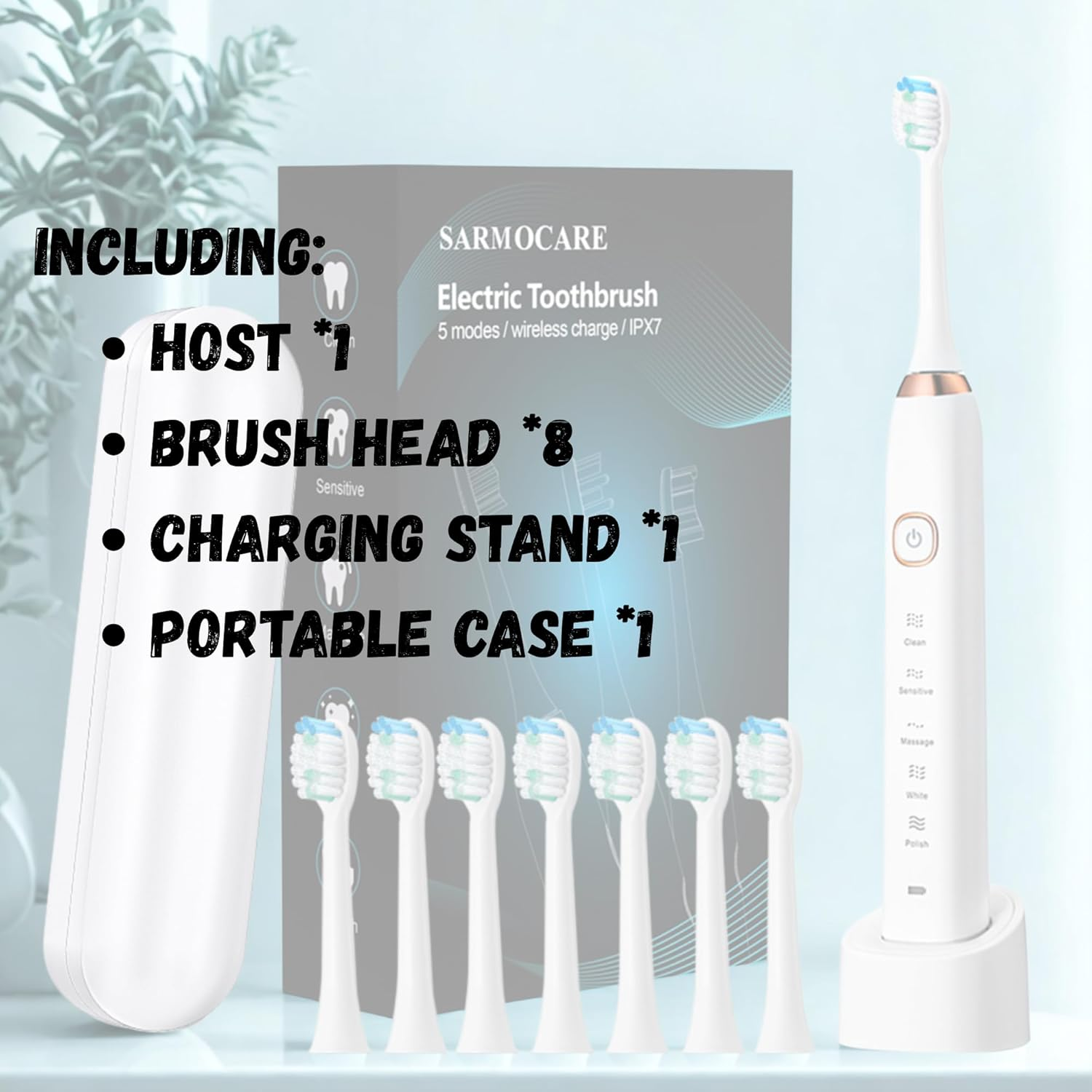 Smart Sonic Toothbrush &ndash; Rechargeable 600Mah Battery, Sleek White Design, Complete Set with 8 Brush Heads, Charging Stand & Portable Travel Case | Long-Lasting Electric Toothbrush for Home, Office, Travel & Everyday Oral Care image number 4