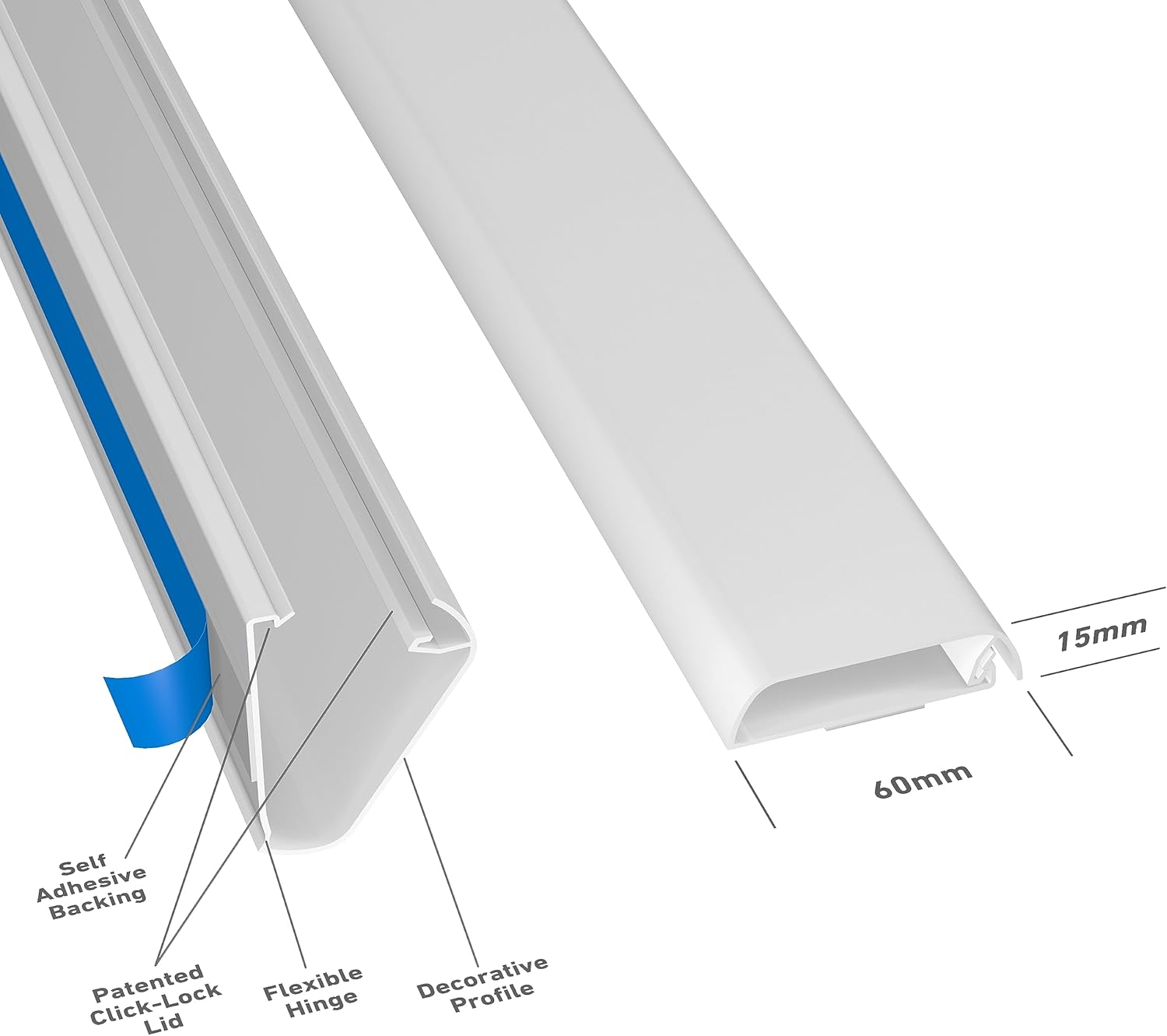 D-Line Cable Trunking, Wire Cover for Wall, TV Cable Tidy, Paintable, Self-Adhesive, Hinged One-Piece Design - 2X 60Mm (W) X 15Mm (H) X 40Cm Lengths (80Cm Total) - White