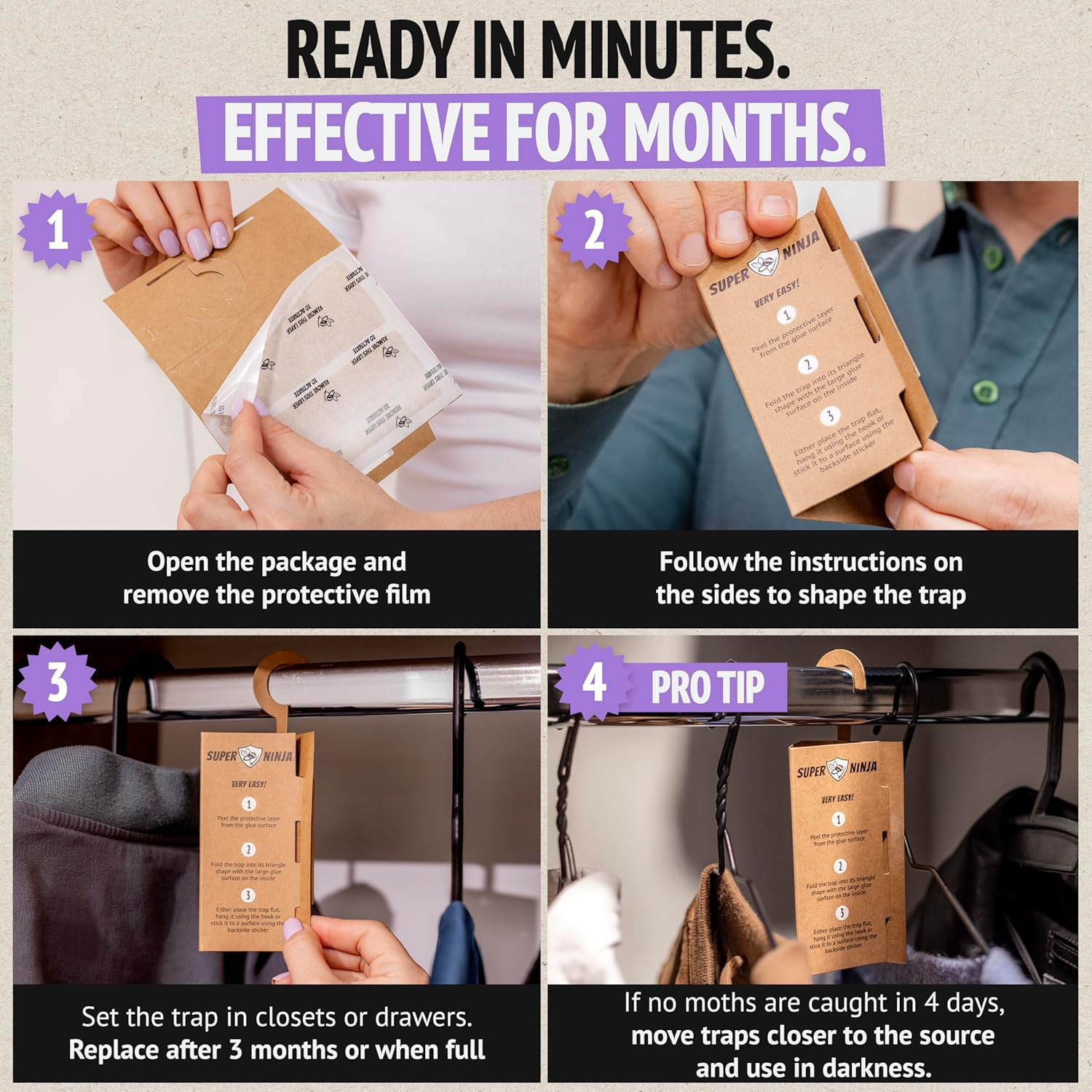 Super Ninja Clothes Moth Traps - 2 Pack, Non-Toxic Moth Repellent for Wardrobe, Highly Effective Pheromone-Infused Attractant, Ideal for Protecting Clothes, Carpets & Drawers, Last up to 3 Months