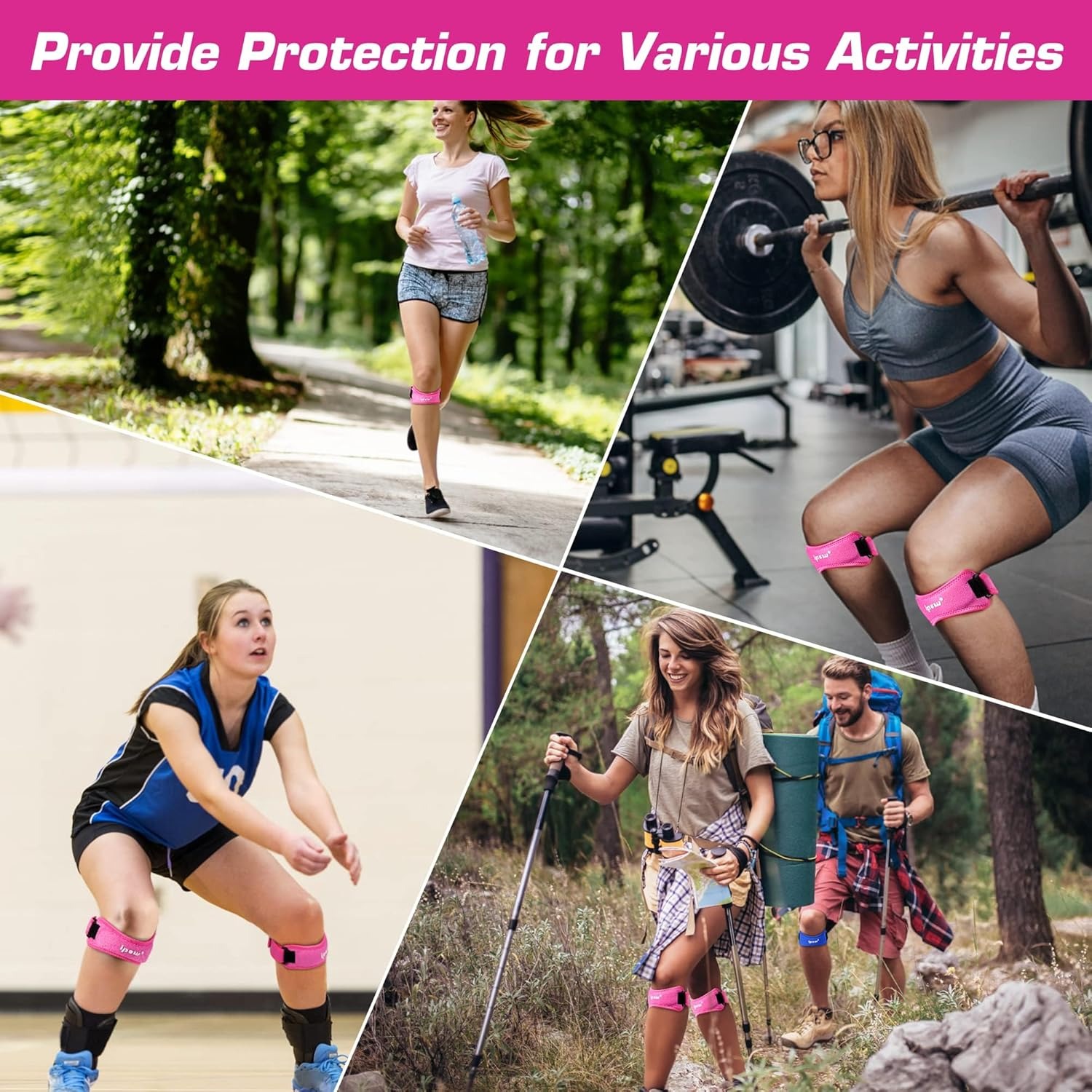 2PCS Knee Pain Relief & Patella Stabilizer Knee Strap Brace Support for Hiking, Soccer, Basketball, Running, Jumpers Knee, Tennis, Volleyball & Squats (Pink, One Size) image number 4