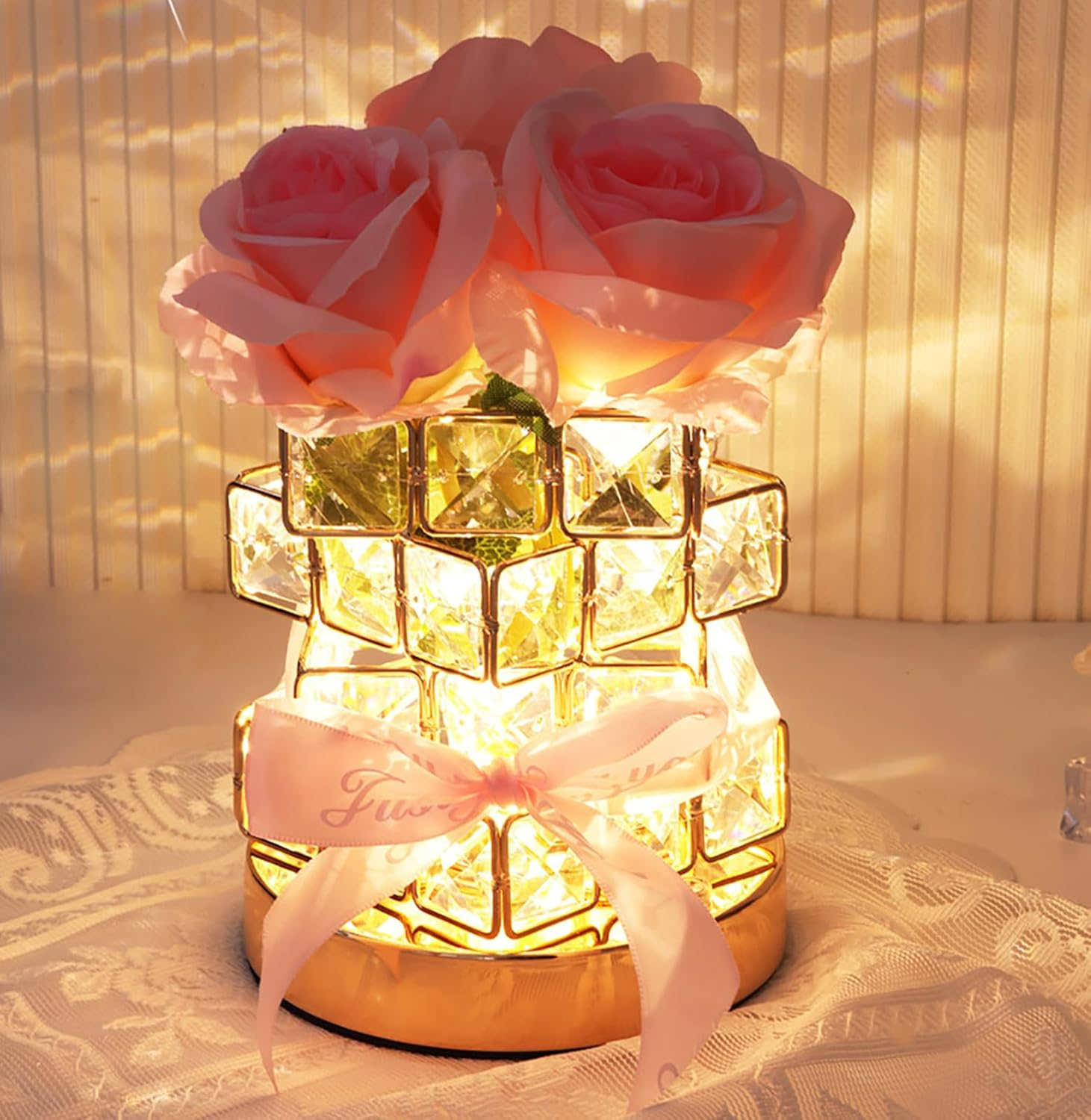 Tulip Crystal Flower Lamps, USB Rechargeable Cordless Lamps, 3 Colors Dimmable Artificial Flowers Light, for Home Date Party Decoration (Tulip Pink)