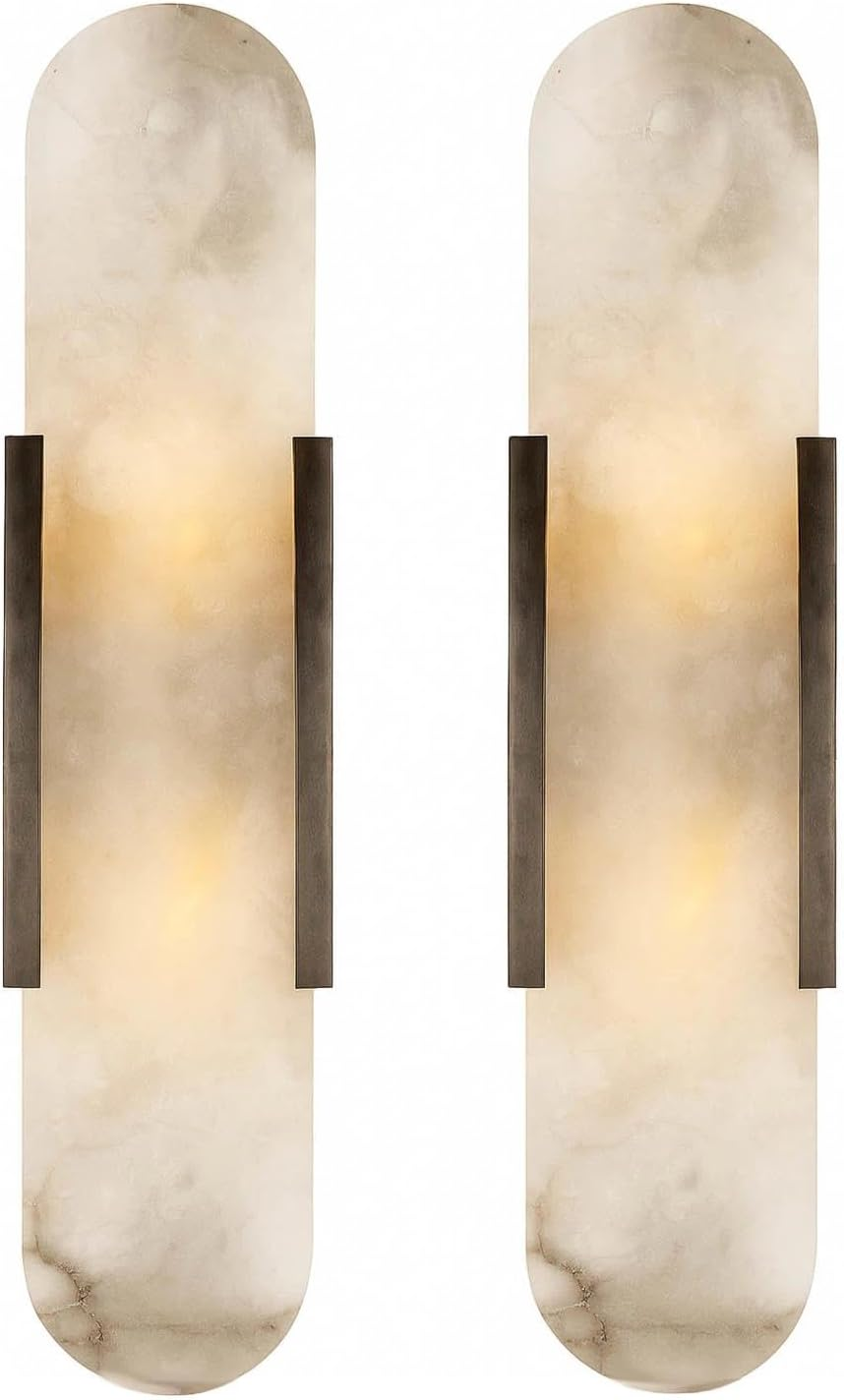 Natural Alabaster Wall Sconce Set of 2 &ndash; Modern Marble Wall Lamp for Bedroom, Bathroom Vanity, Living Room, Hallway & Staircase &ndash; Stone Alabaster Lamp Lighting Fixture(Gold,35Cm)