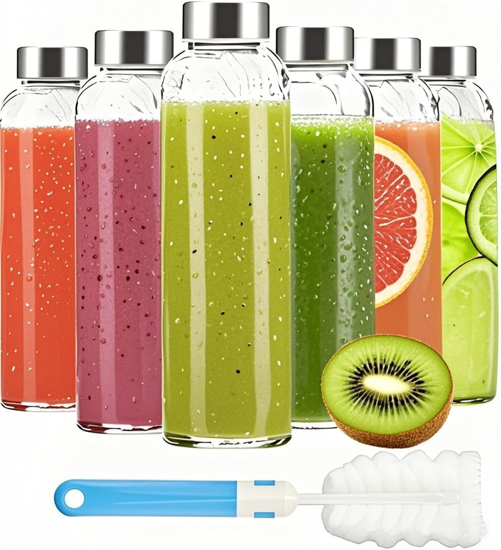 ALINK 18Oz Glass Juice Bottles with Lids Set of 6,Clear Glass Water Bottles,Reusable Drinking Bottles with Stainless Steel Airtight Cap,Storage Containers for Refrigerator-Bpa Free,Leak Proof image number 4