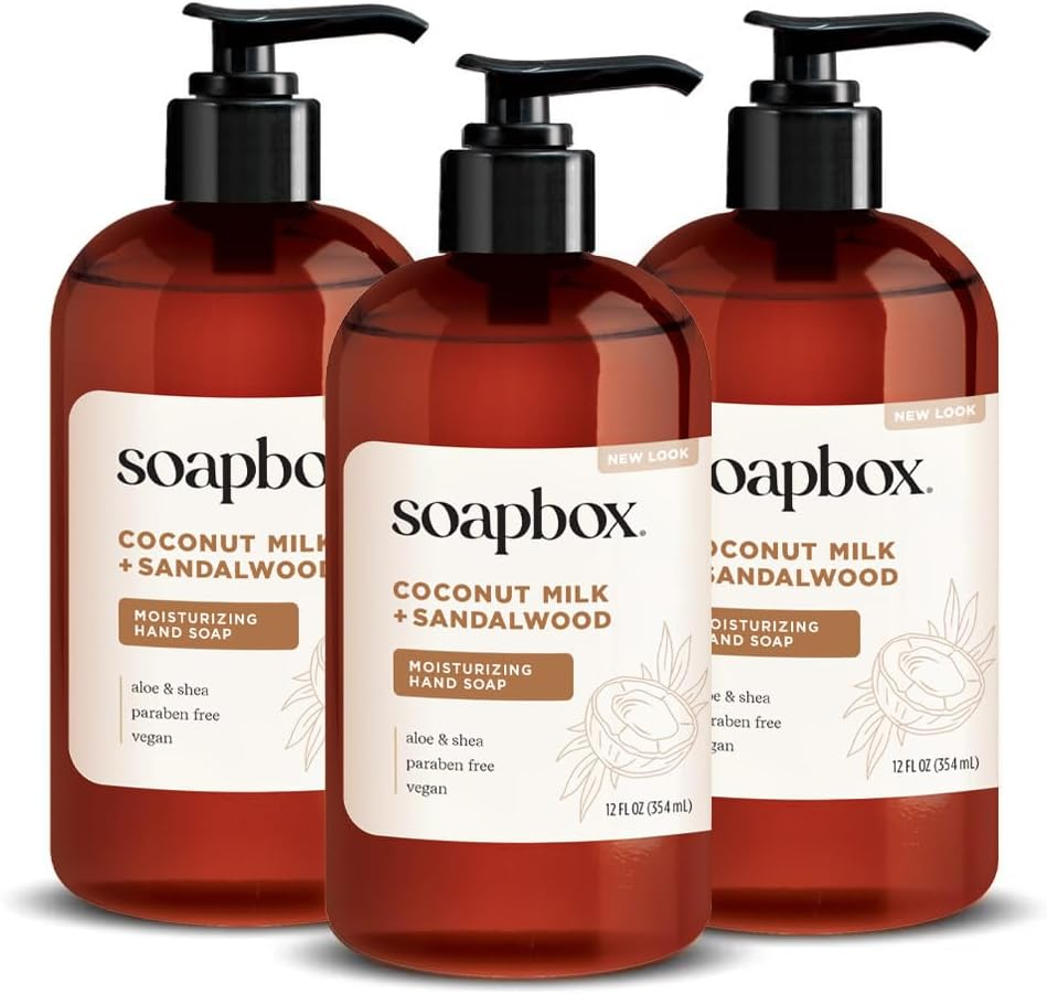 Soapbox Liquid Hand Soap, Coconut Milk & Sandalwood, Gentle & Moisturizing Hand Wash for Kitchen and Bathroom, Vegan & Cruelty Free Scented Hand Soap 12 Ounce Pump Bottles (Pack of 3)