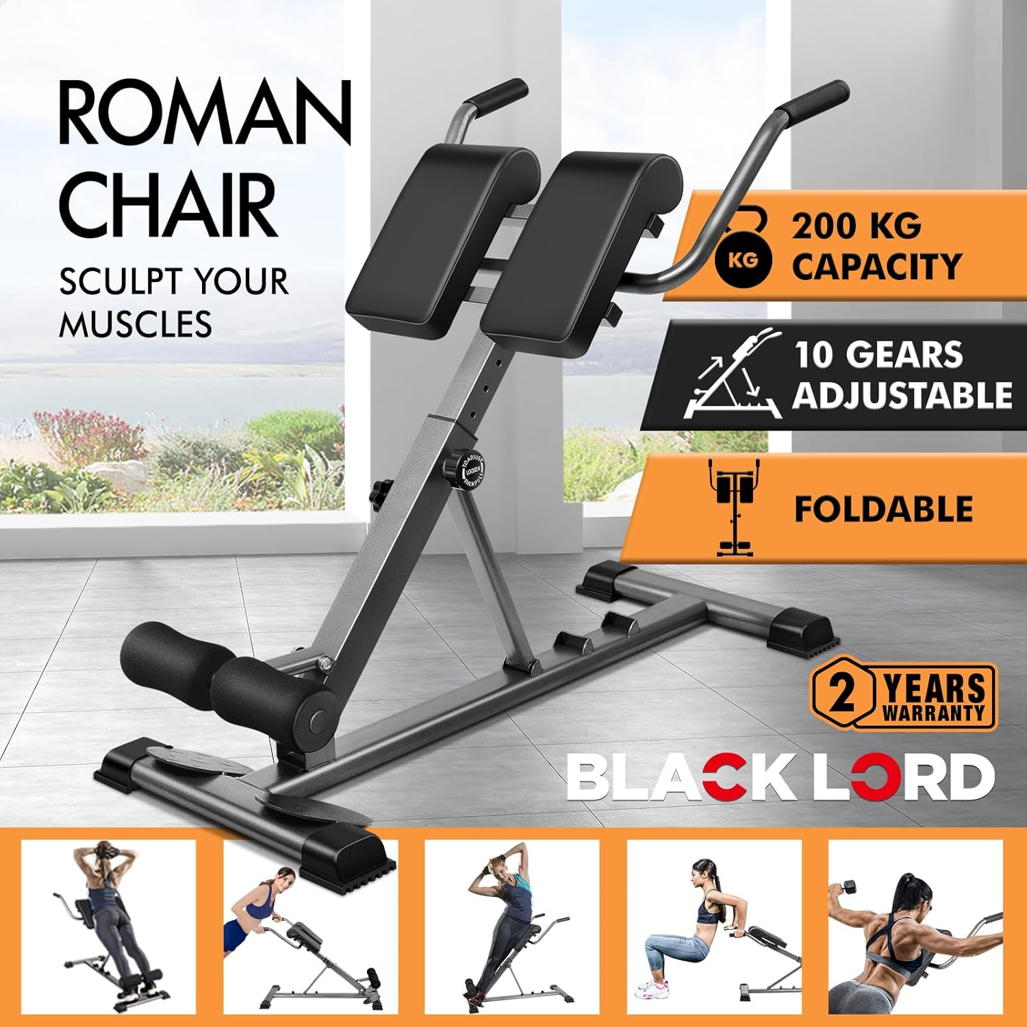BLACK LORD Adjustable Roman Chair with 30-50 Degrees Inclination, Hyperextension Fitness Weight Bench for Back Glutes Hamstring Exercise and AB Workouts, Multifunctional Home Gym Equipment, Max 200Kg image number 3