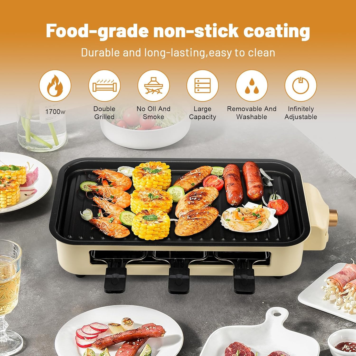 Electric Smokeless Indoor Grill, Non-Stick Cooking Removable Plate, Portable Korean BBQ Grill with Removable Temperature Control, Dishwasher Safe, 1500W image number 6