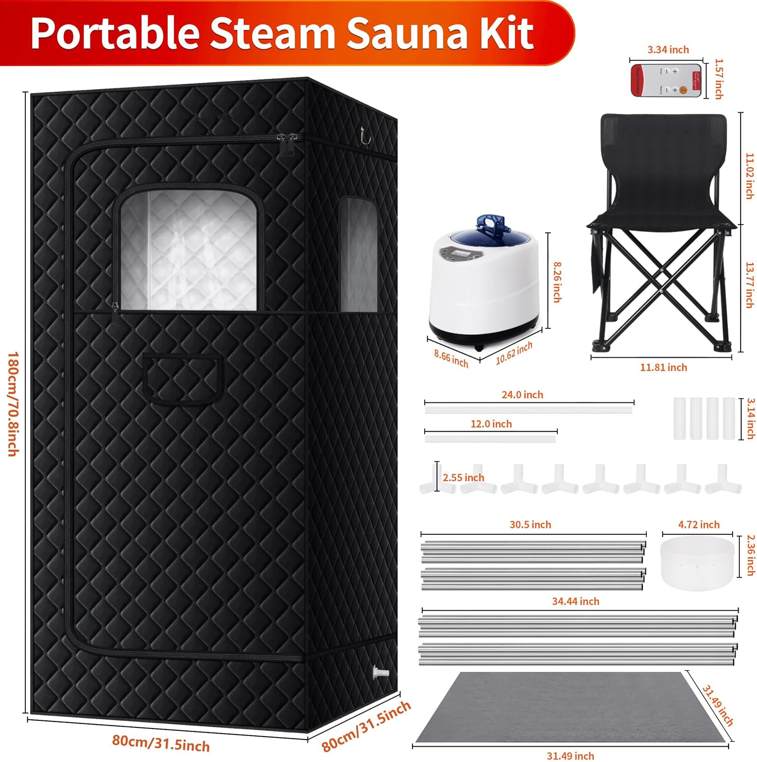 Portable Sauna, Personal Portable Steam Sauna for Home with 3L 1000W Steamer, Sauna Tent for Home Spa Relax, Foldable Chair, Remote Control Included, 80X80X180Cm Sauna Tent, Black image number 4