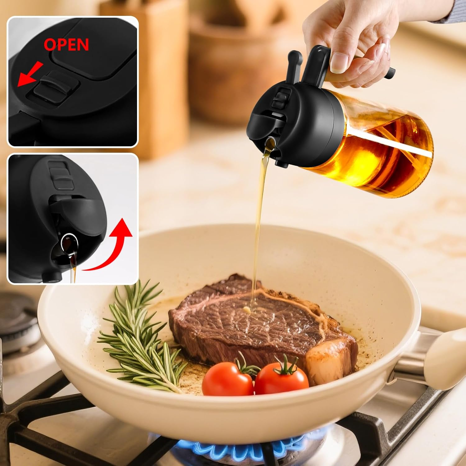 SWEET VIEW Olive Oil Spray Bottle, 470Ml 2 in 1 Glass Oil Dispenser/Pour & Sprayr Bottle, Kitchen Accessories, Kitchen Gadgets for Air Fryer, Salad, Bbq(Black) image number 6