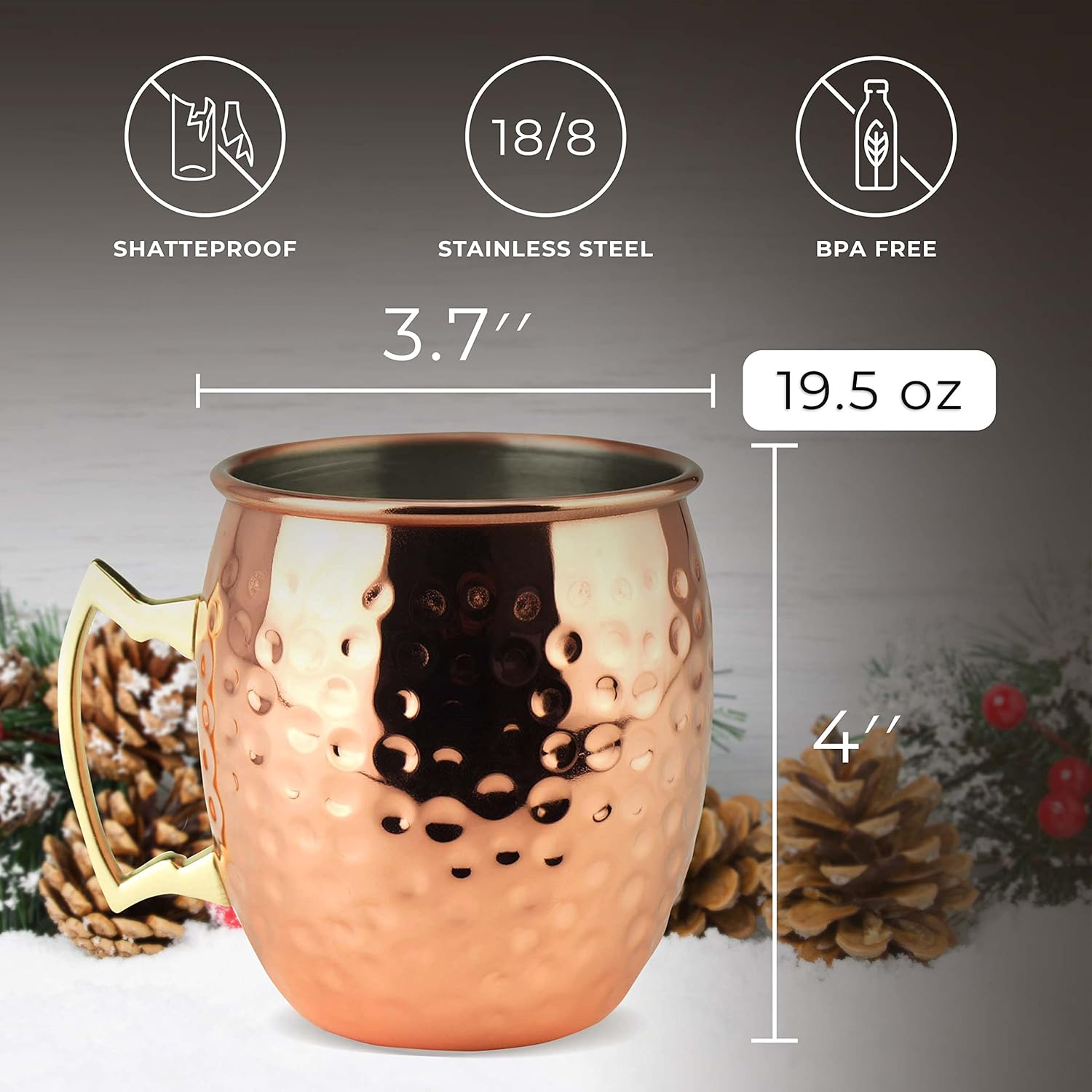 PG Copper Moscow Mule Mugs | Large Size 19.5 Ounces | Set of 4 Hammered Cups | Stainless Steel Lining | Pure Copper Plating | Gold Brass Handles | 2.8 Inches Diameter X 3 Inches Tall image number 2