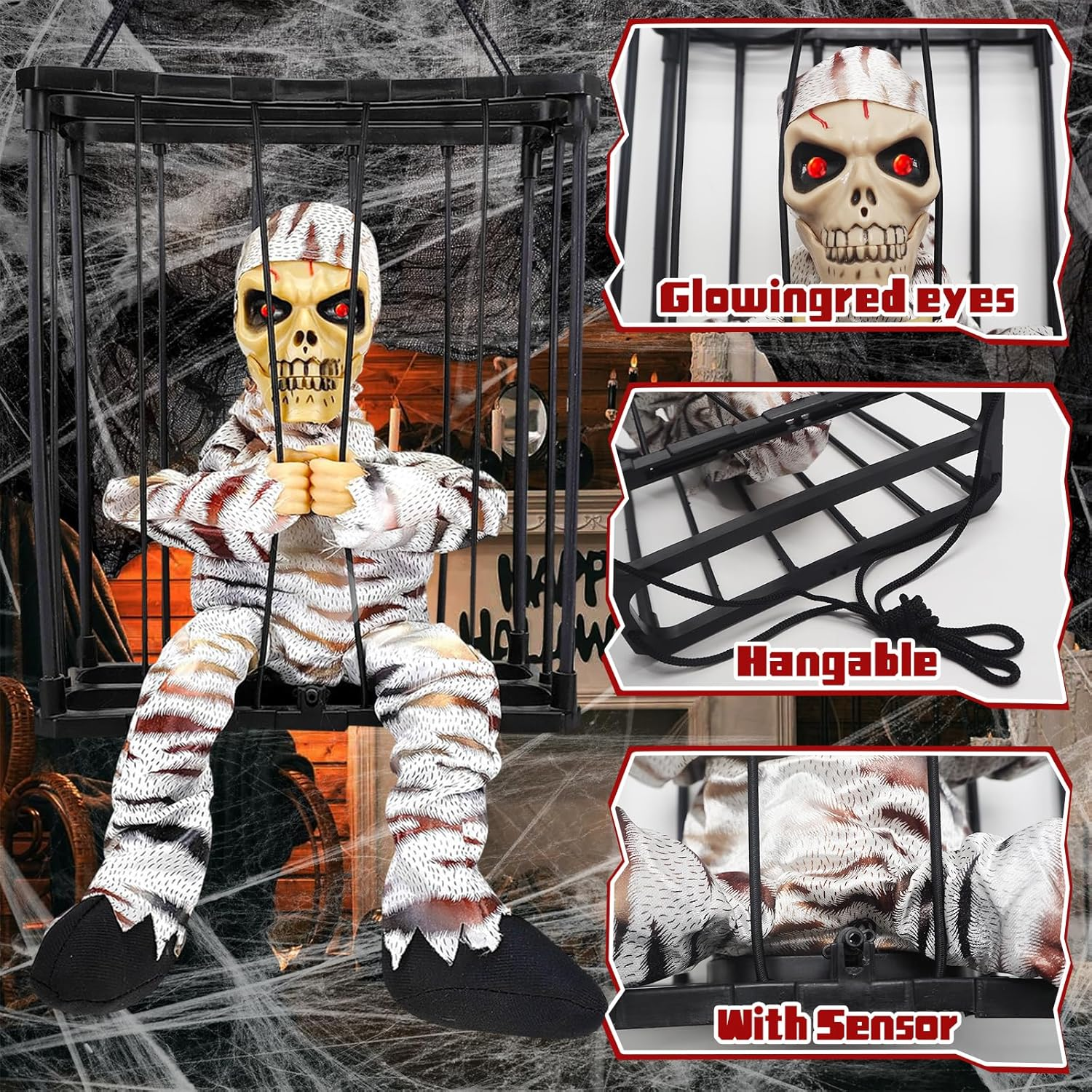 Screaming Animated Halloween Decorations, Halloween Decor Prop with Motion Sensor, Scary Skull Cage Prisoner Haunted House Decor, Spooky Hanging Ghost Eyes Glow Decorations (Color D)