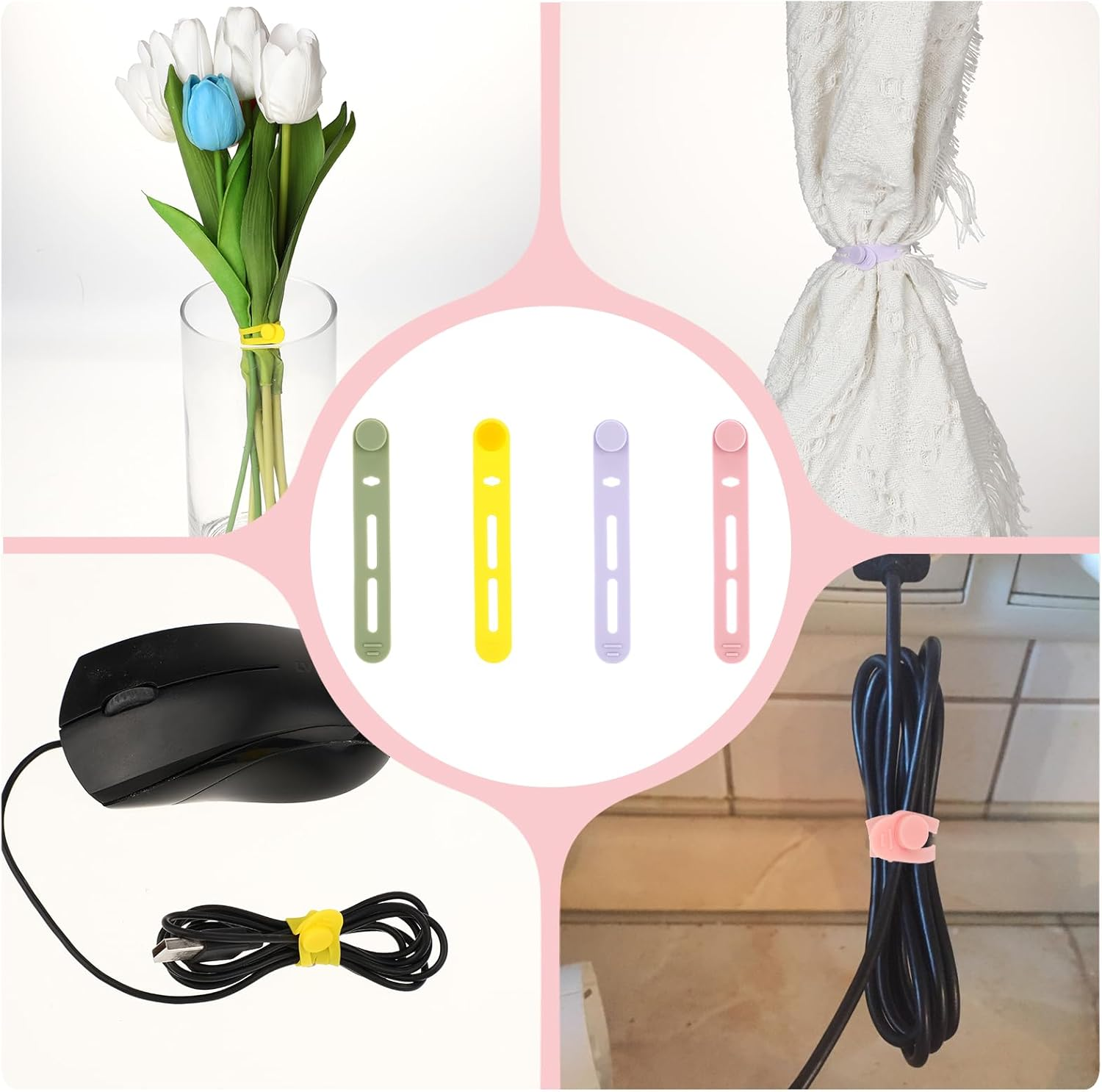 Molain Reusable Cable Ties, 20Pcs Adjustable Silicone Cable Straps Wire Organizer for Charging Cords Earphone Computer Wire Desk Cable Management Travel Accessories(Yellow+Pink+Purple+Green) - Yellow+Pink+Purple+Green image number 4